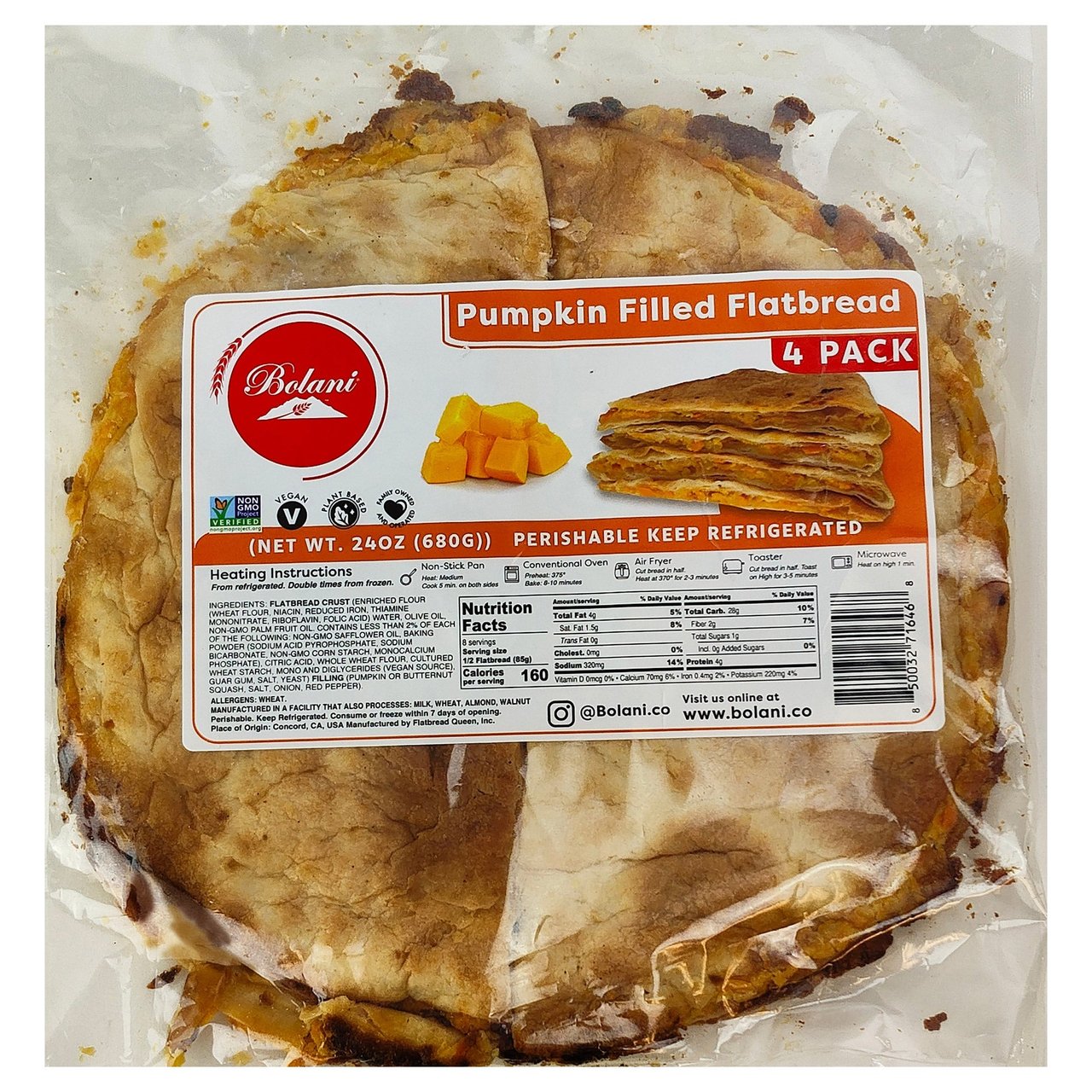 Flatbread Queen Pumpkin Bolani 4 Pack 6 Ounces Each