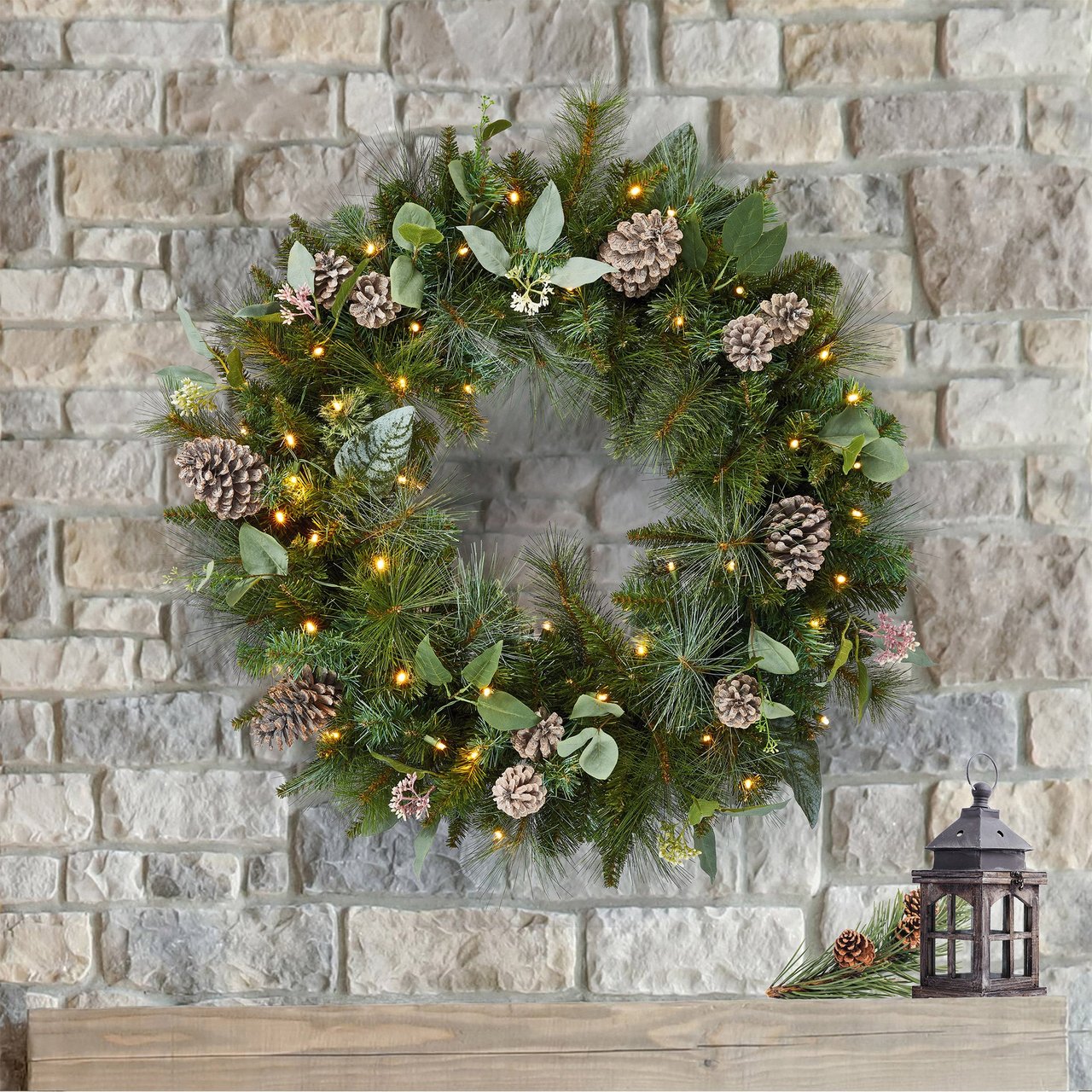 32" Greenery Wreath with 50 Dual Color LED Lights - Image 1