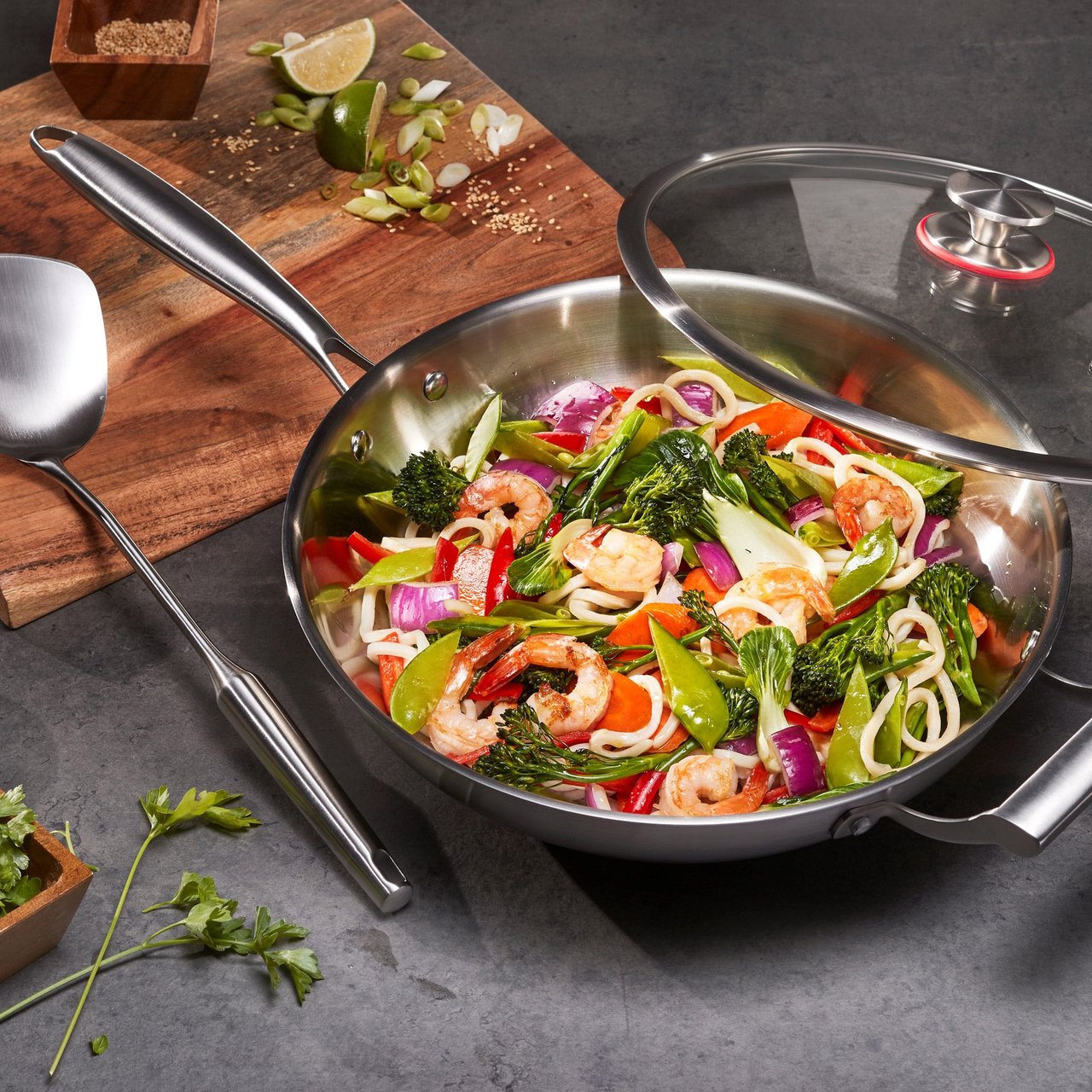 MIU Clad Stainless Steel Wok with Turner & Lid - Image 1