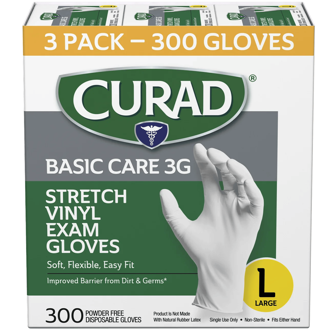 CURAD Basic Care 3G Vinyl Exam Gloves, Large, 3-Pack (300 ct) - Image 1