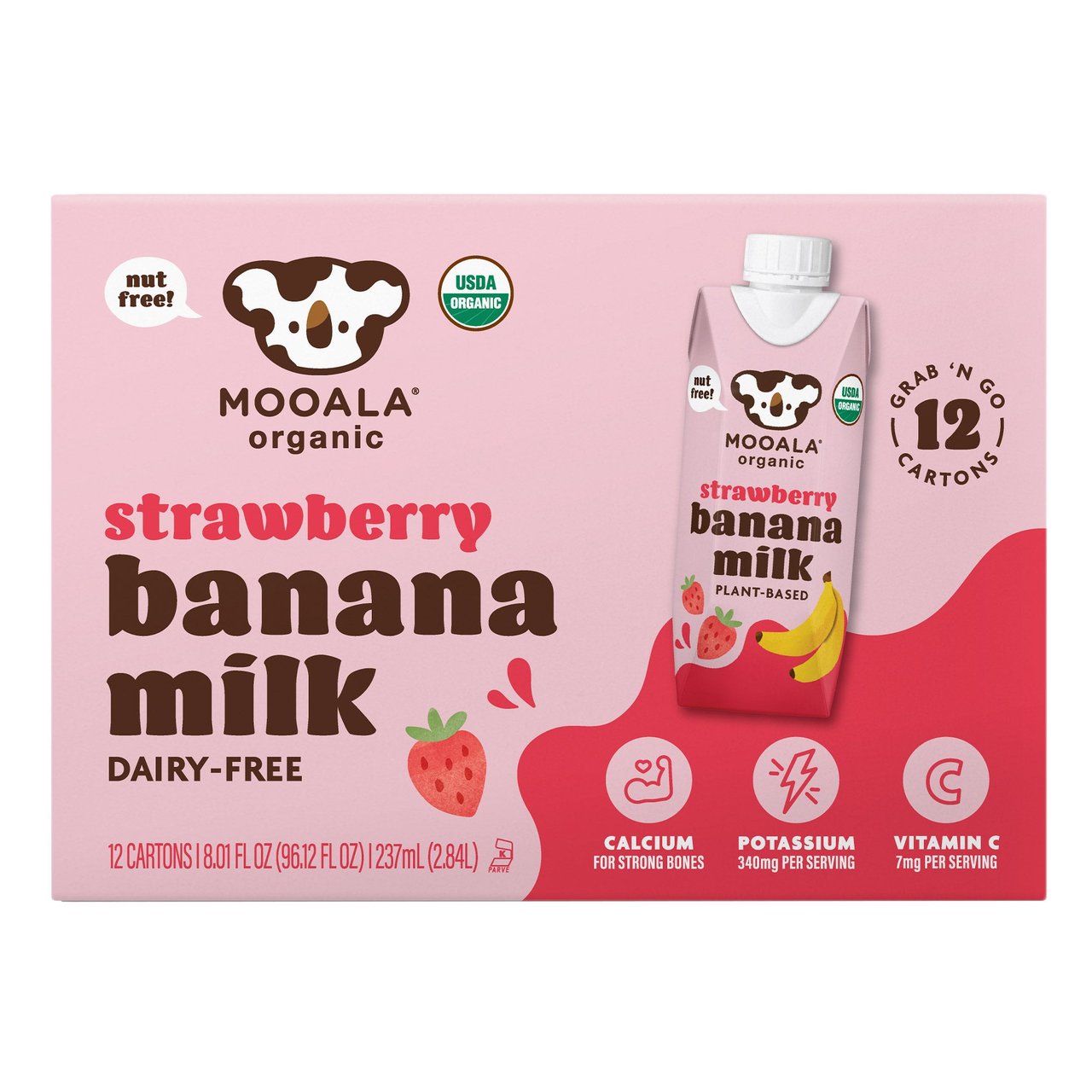 Organic Mooala Strawberry Banana Milk, 12 Pack, 8 oz Each - Image 1