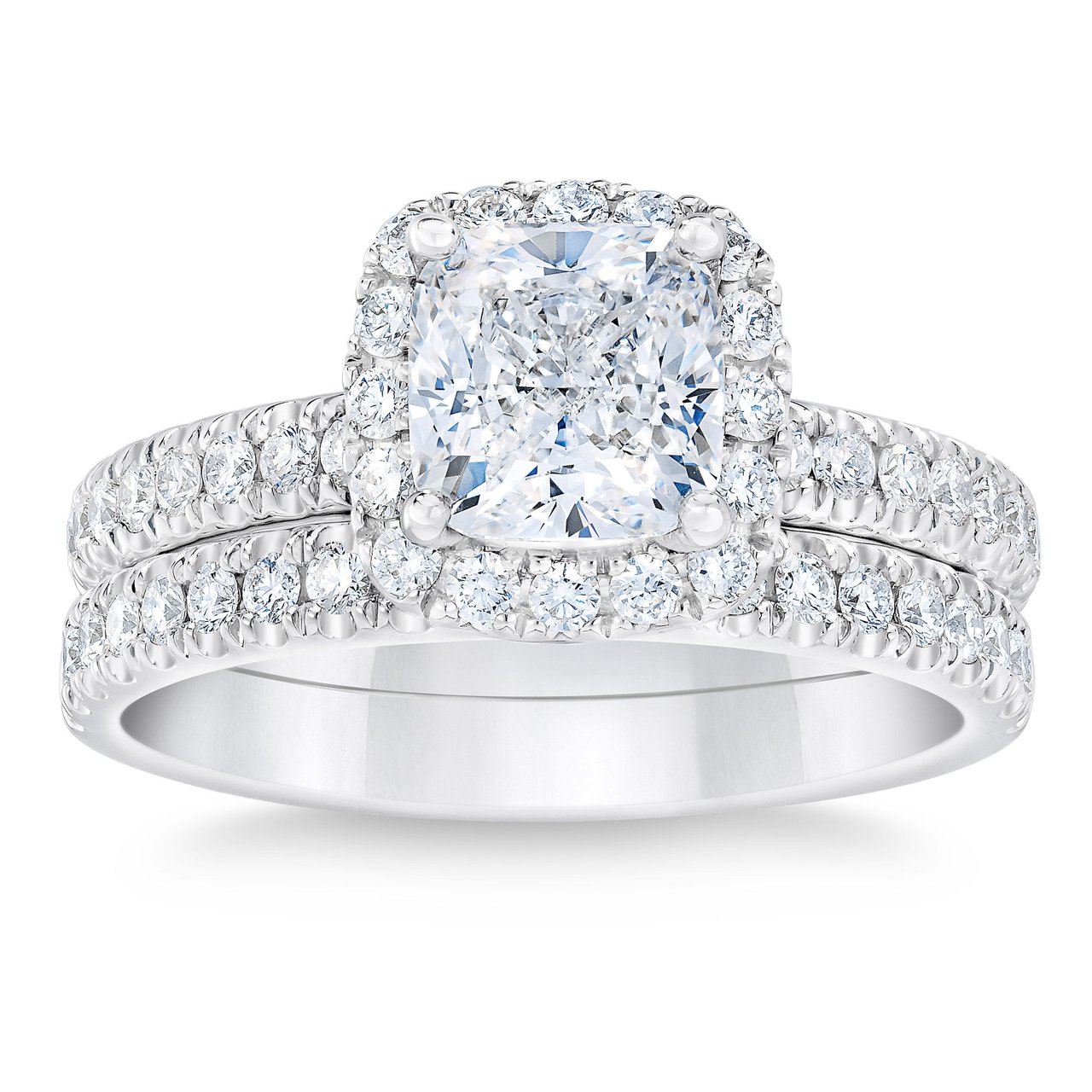 2.34 CTW Cushion Cut Platinum Wedding Set, 1.53 CT Center, VVS2 Clarity, F Color - Image 1