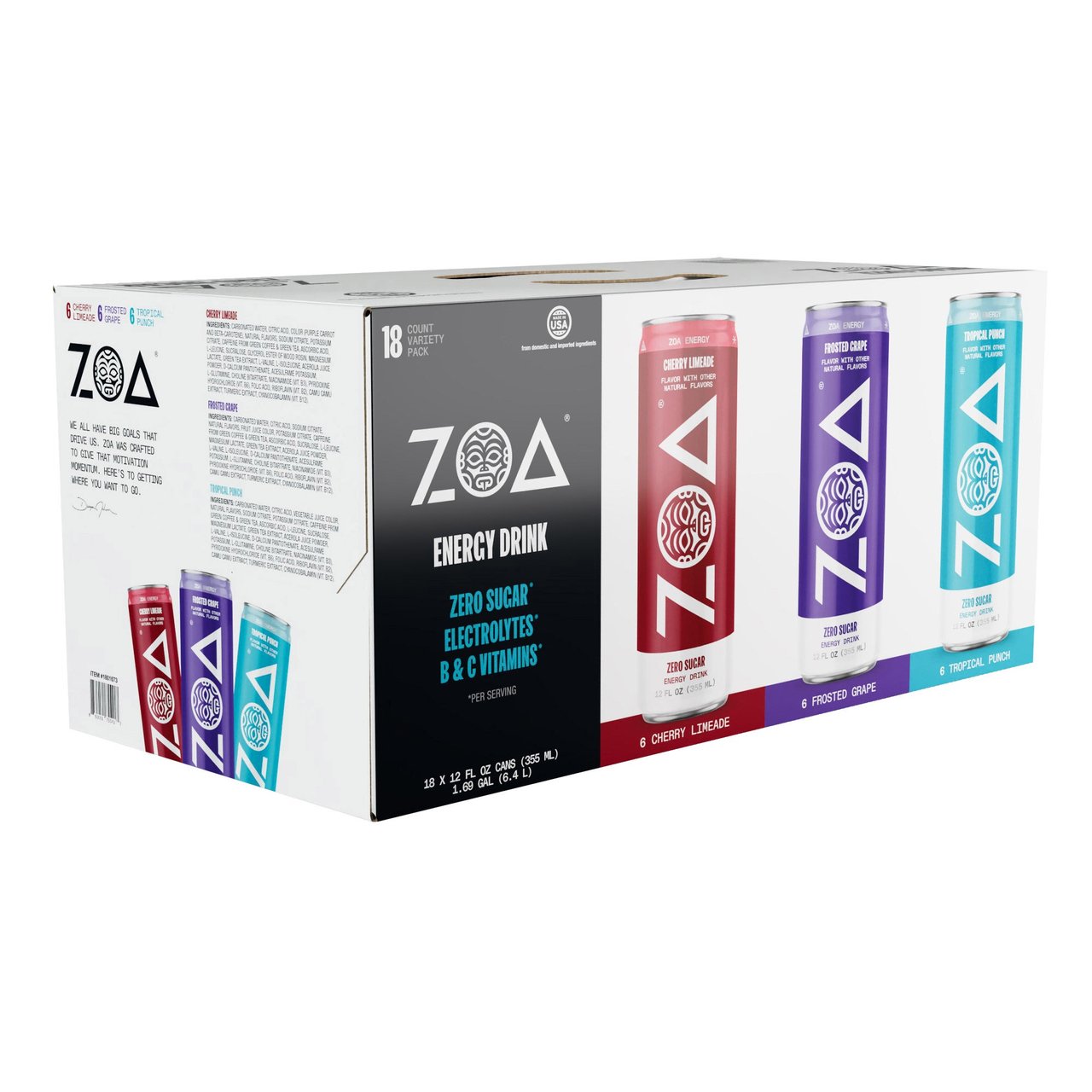 ZOA Energy Zero Sugar Variety Pack, 18 12-Ounce Cans