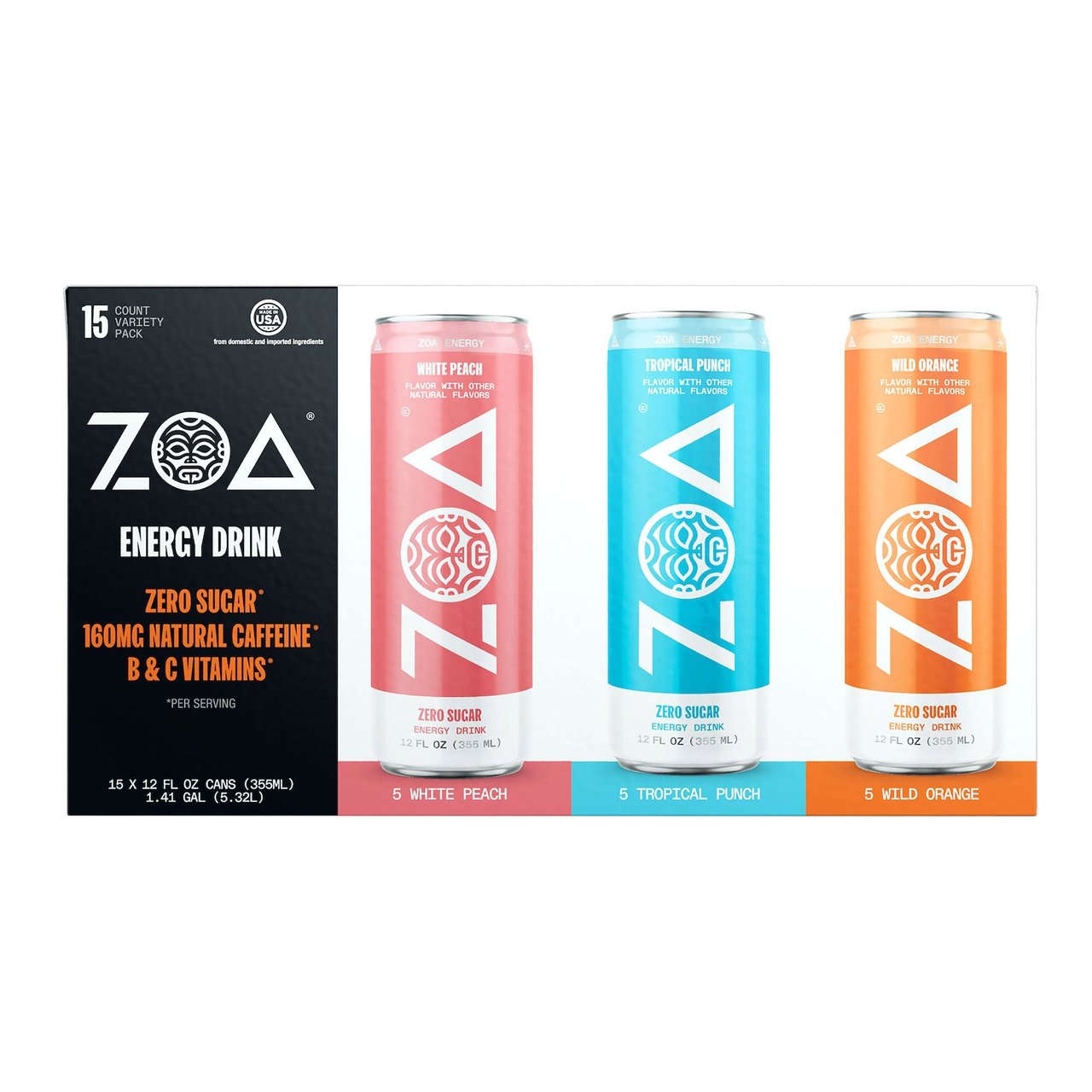 ZOA Energy Zero Sugar Variety Pack, 12 oz, 15-Count - Image 1