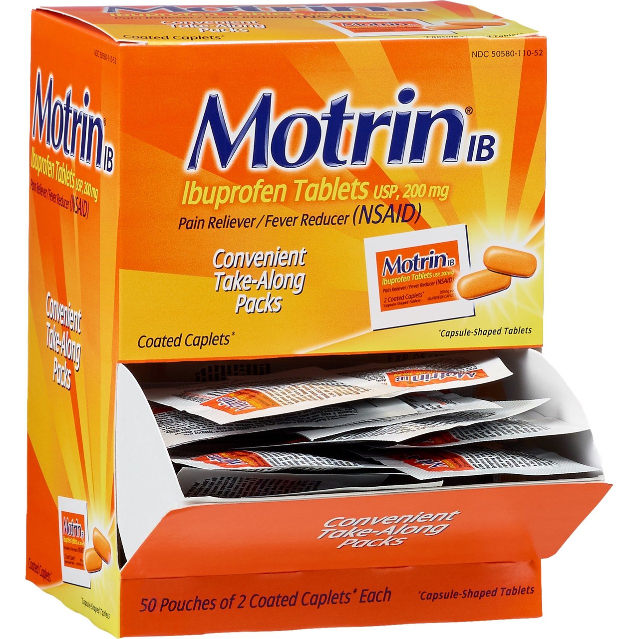 Motrin IB Ibuprofen Tablets, 200mg, 50 Packets of 2 Caplets - Image 1