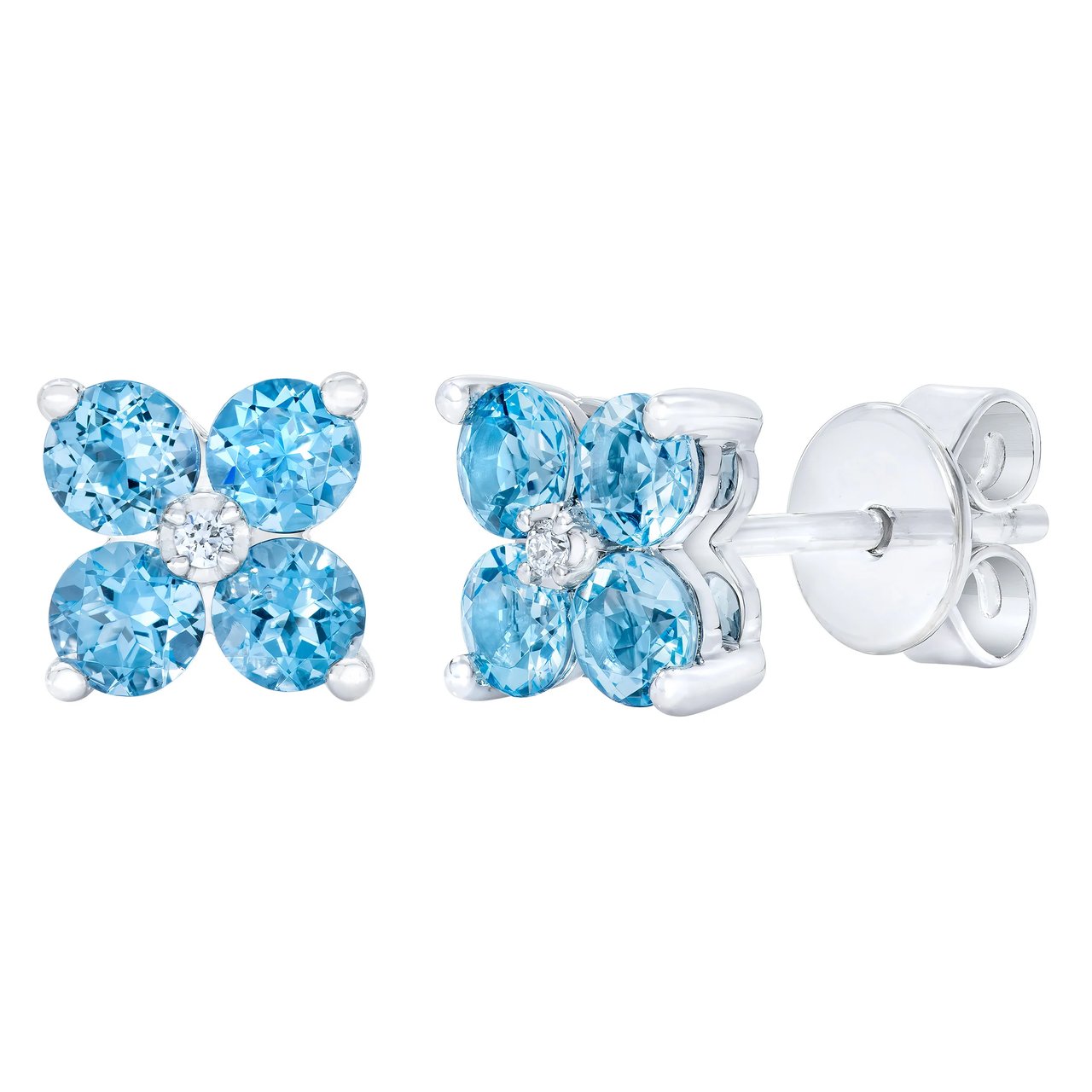 14Kt White Gold .01 CTW VS2/I Diamond and Blue Topaz Flower Earrings - Image 1