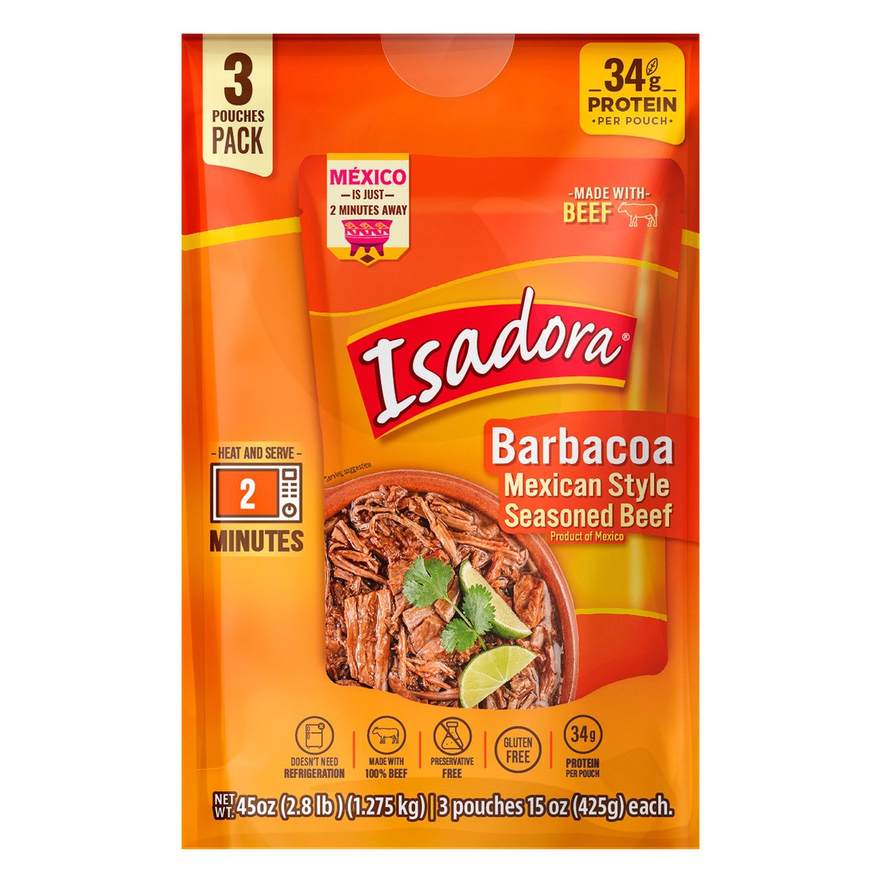 Isadora Barbacoa Mexican Style Seasoned Beef, 3-Pack (45 oz) - Image 1