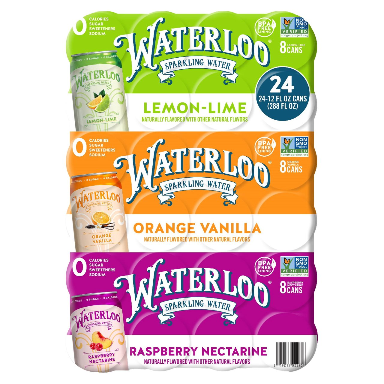 Waterloo Sparkling Water Variety Pack, Raspberry Nectarine/Orange Vanilla/Lemon-Lime, 12 oz, 24-Count