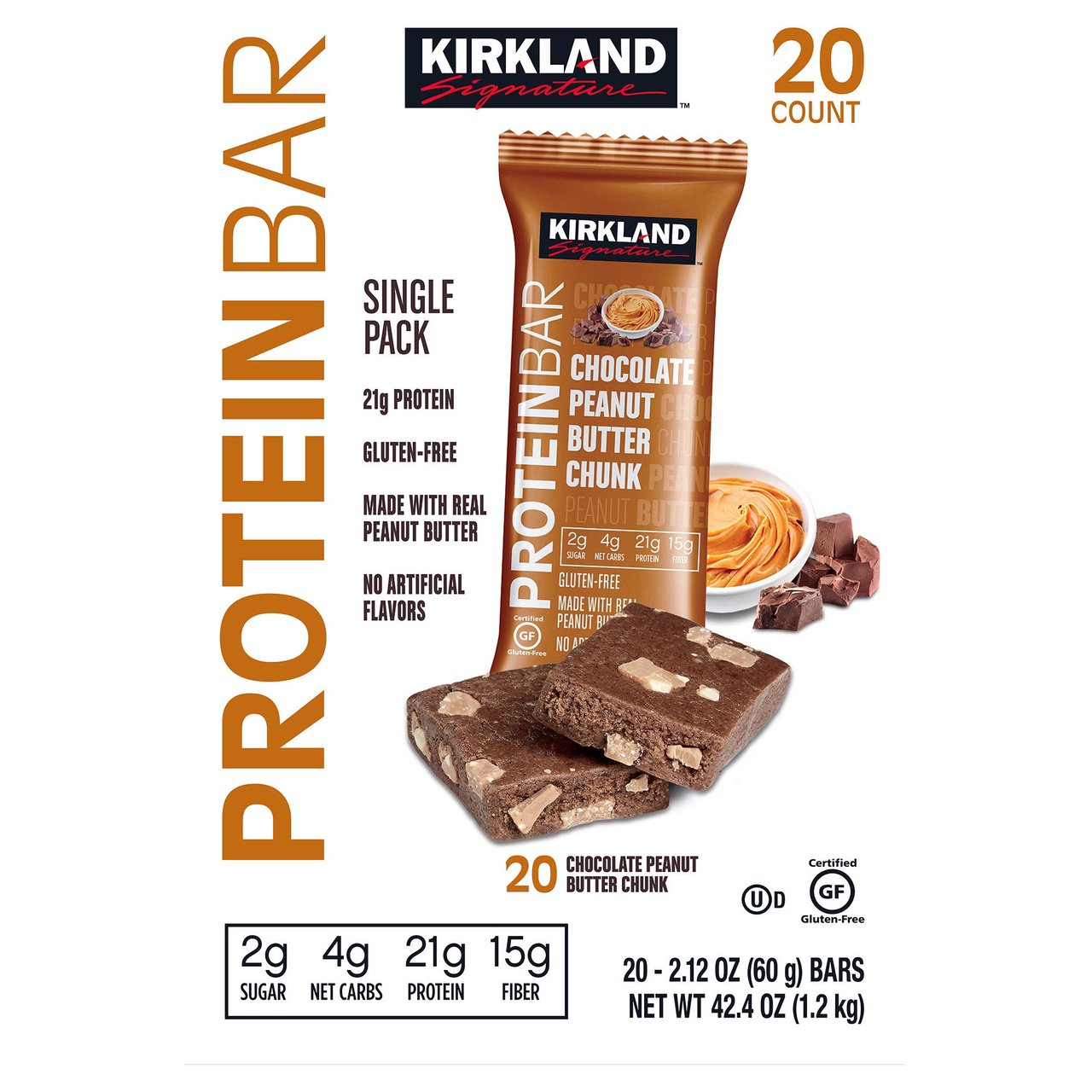 Kirkland Signature Protein Bar Chocolate Peanut Butter Chunk 20 CT/2.12 oz - Image 1