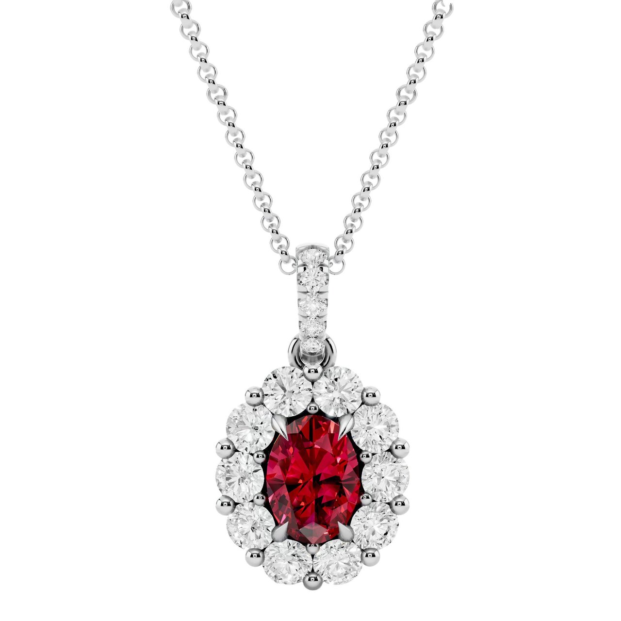 18KT WHITE GOLD VS2 I 0.75CWT DIAMOND 7X5MM RUBY PENDANT - Image 1
