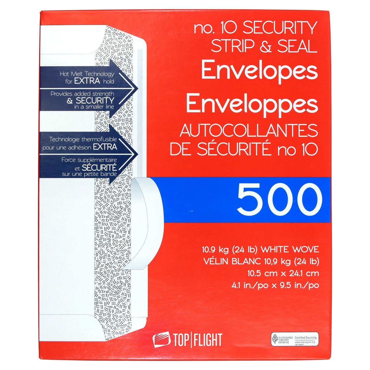 Top Flight #10 Strip & Seal 24 lb Security Envelopes, 500-Count - Image 1