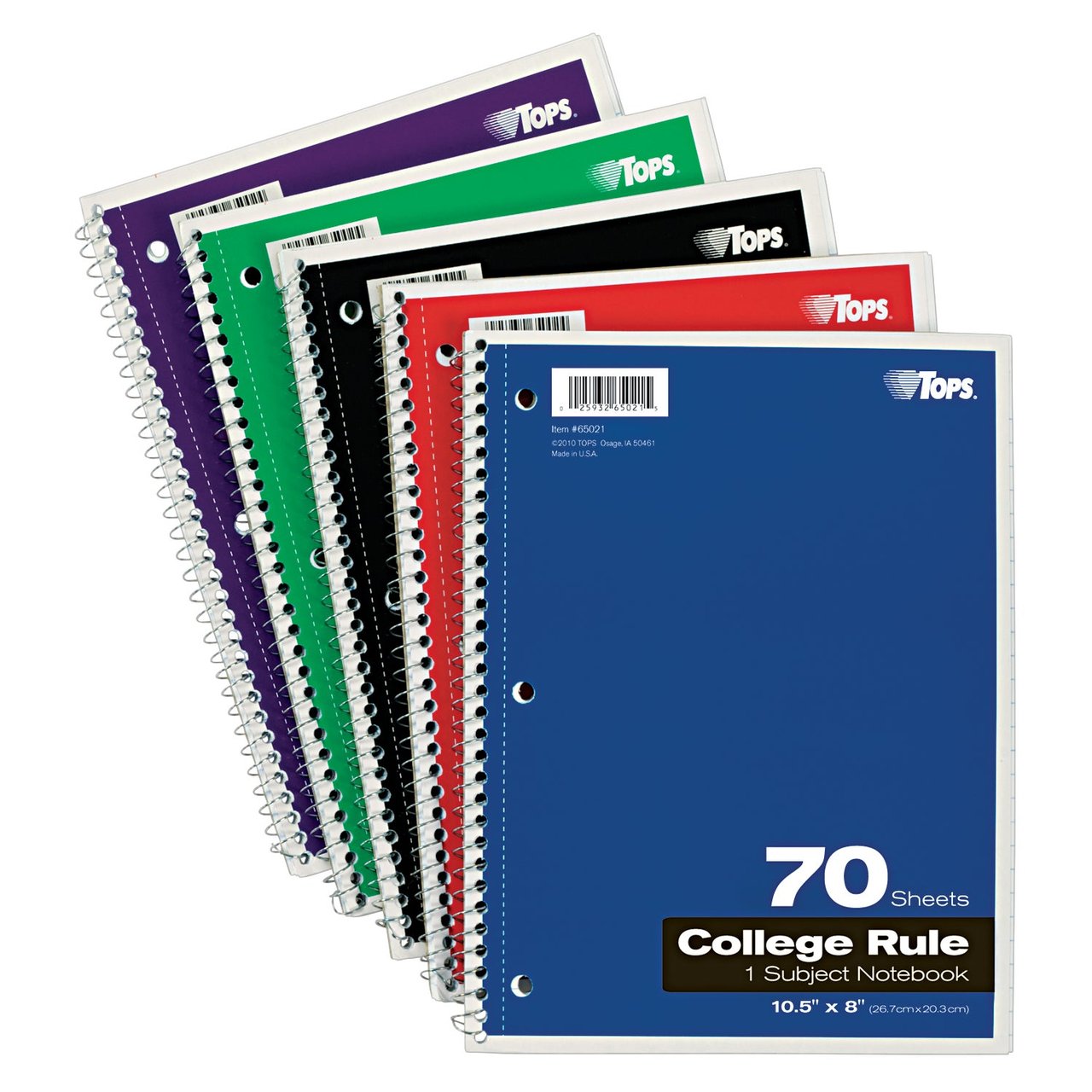 Oxford 1-Subject Wirebound Notebook, College Ruled, Assorted Colors, 10.5" x 8", 70 Sheets (TOP65021)