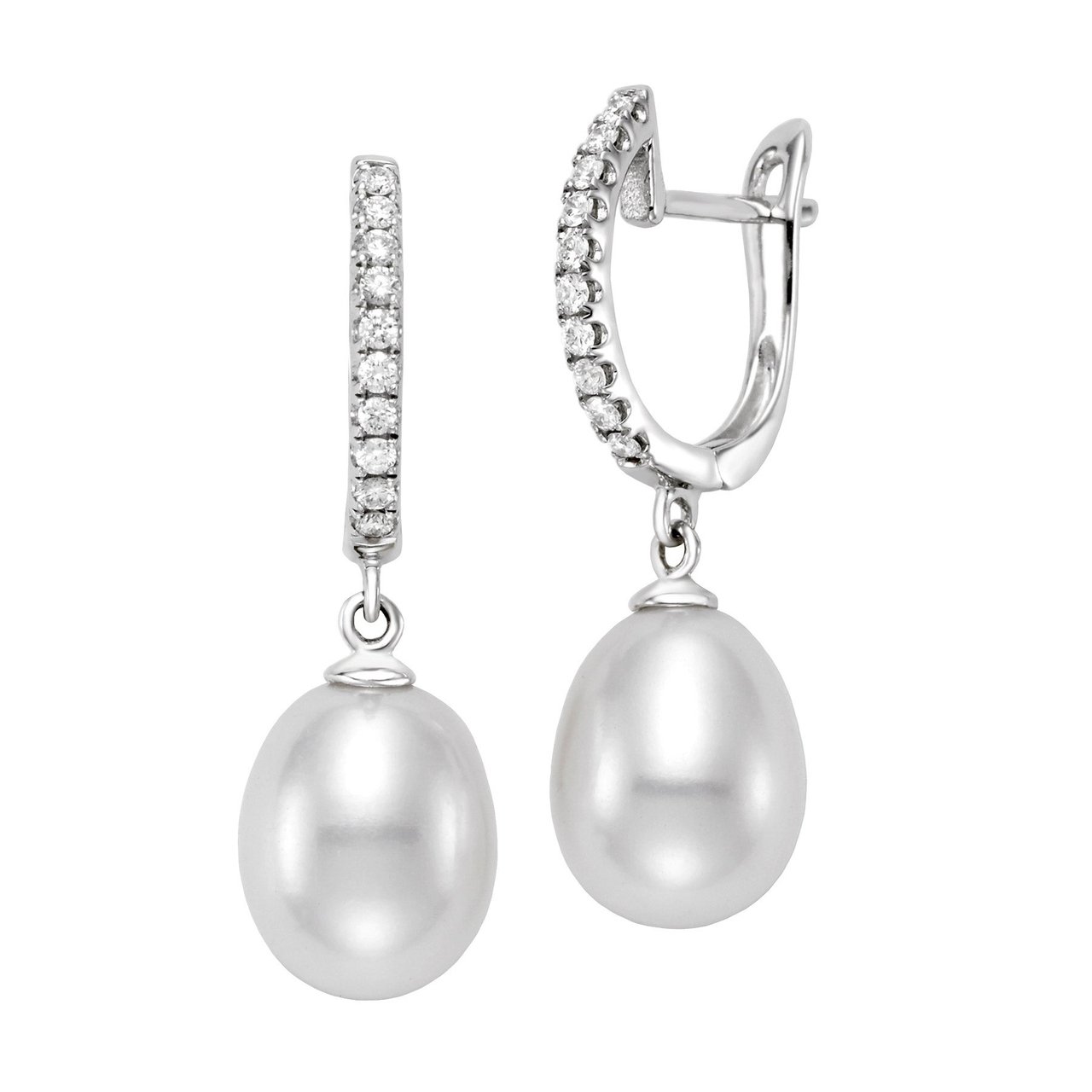 14K White Gold & Diamond Freshwater Cultured Pearl 8-9mm Earrings - Image 1