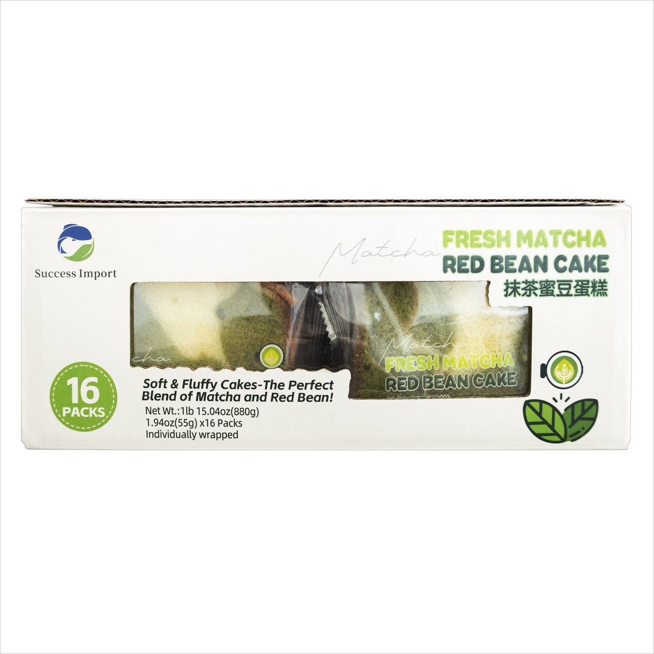 Success Import Matcha Red Bean Cake 16 Pack, 1.94 Ounces Each - Image 1