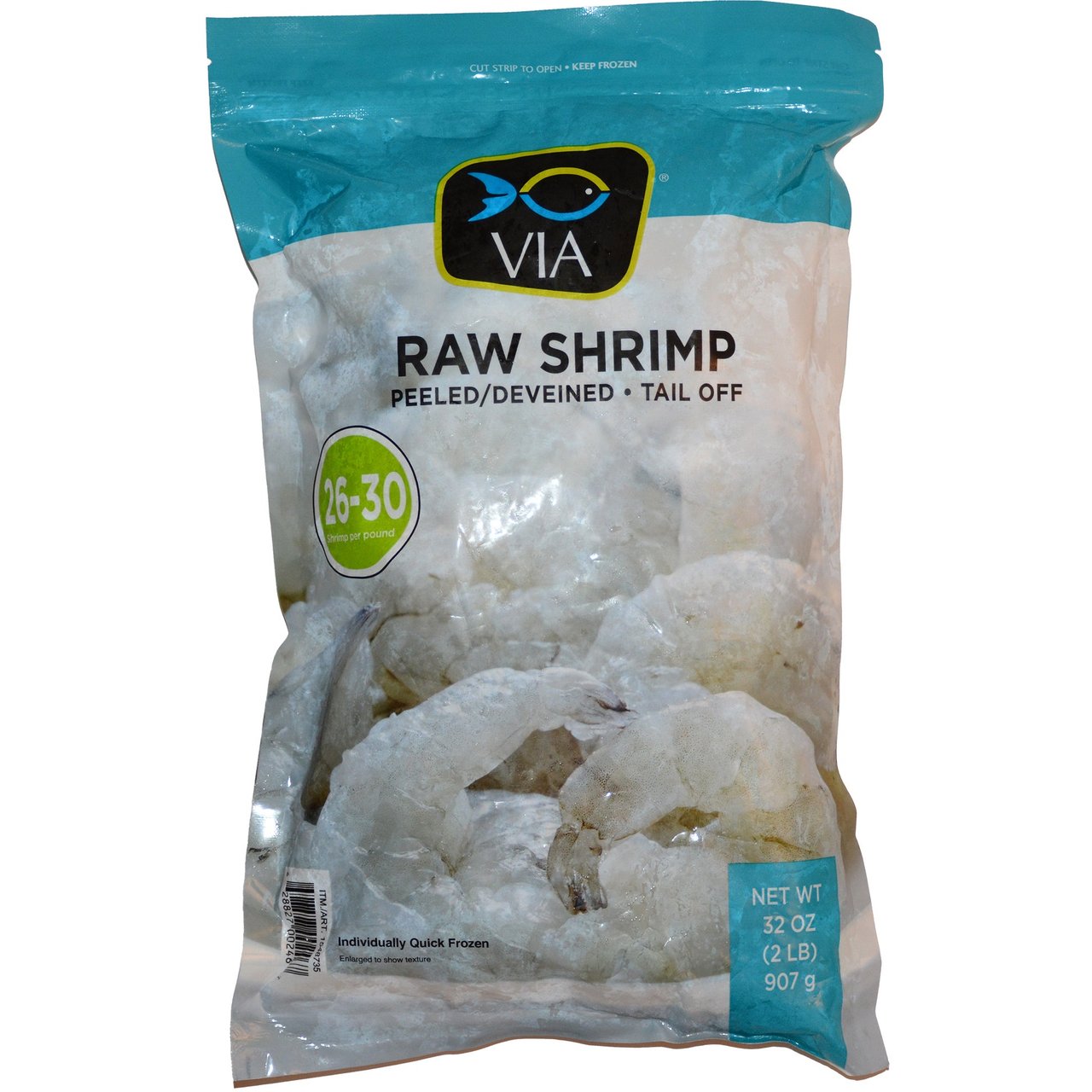 VIA Farm-Raised Raw White Shrimp, Peeled & Deveined, Tail-Off, 26/30 Count, 2 lb - Image 1
