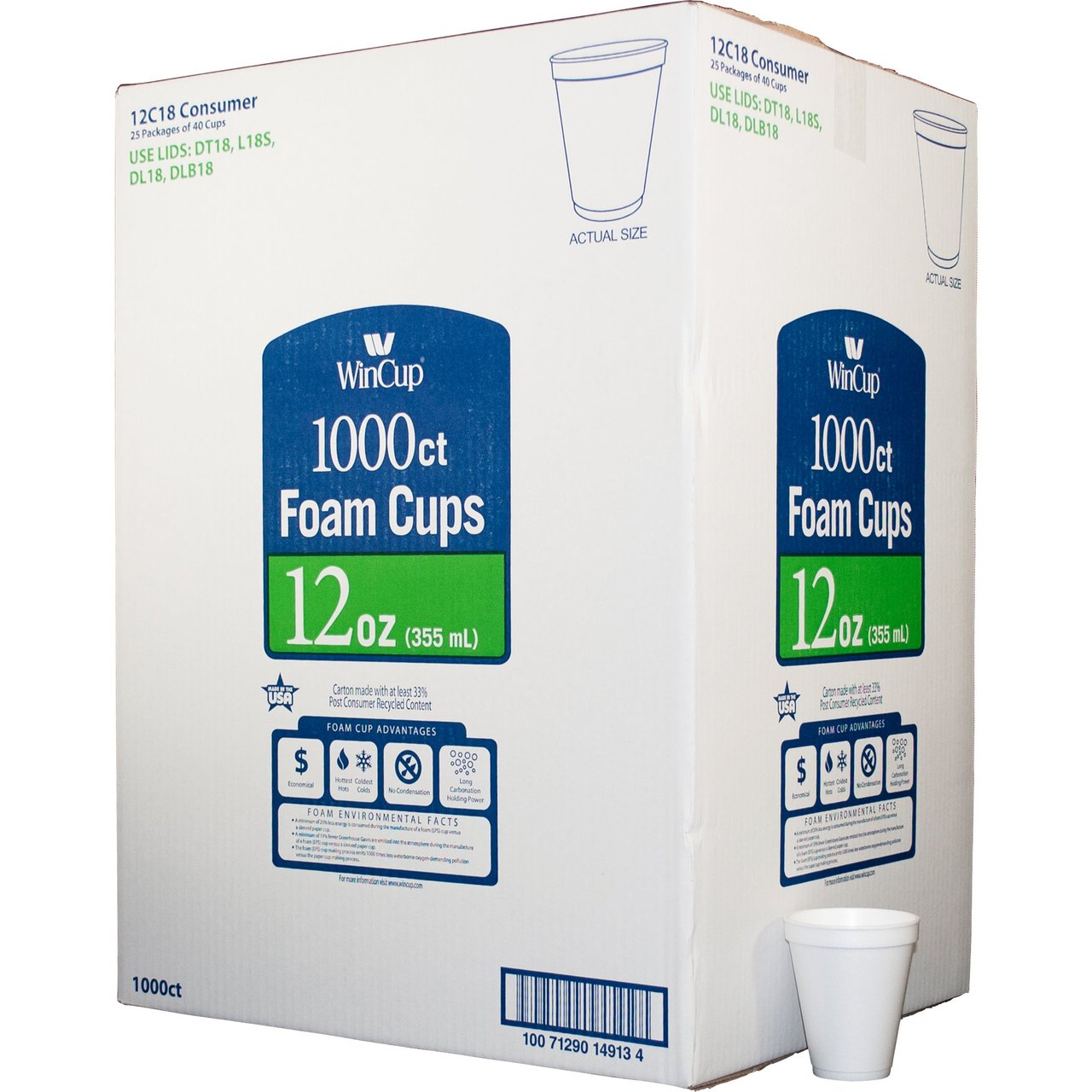 WinCup 12 oz Foam Cups, 1000 Count
