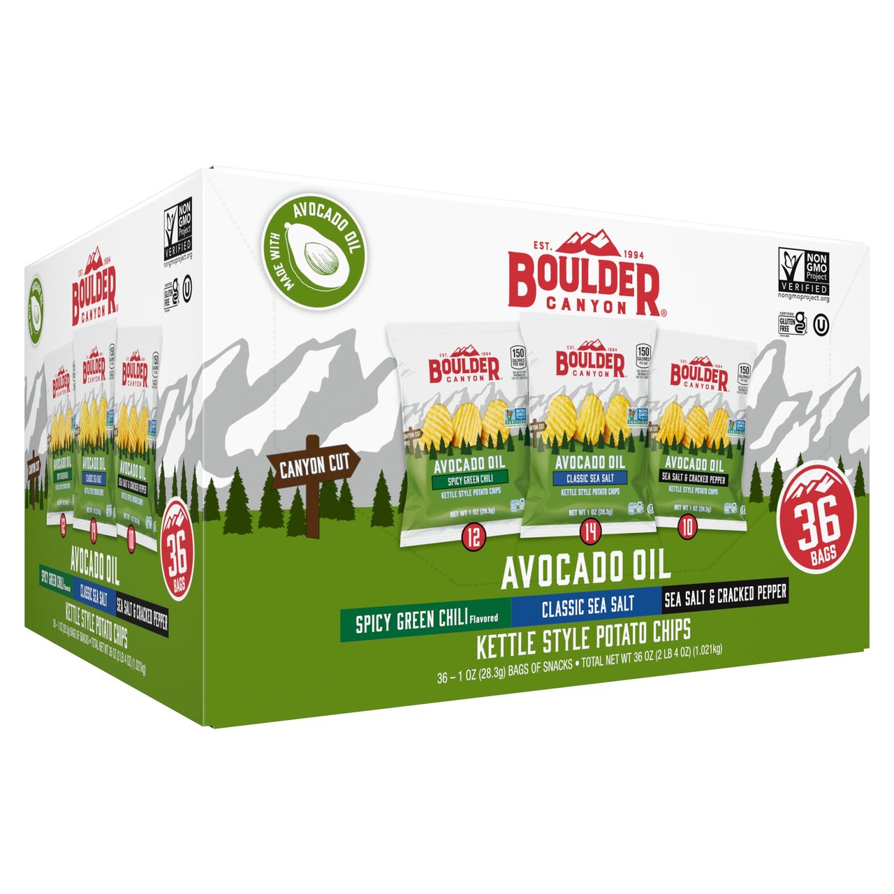 Boulder Canyon Kettle Style Potato Chips, Variety Pack, 1 oz, 36-Count - Image 1