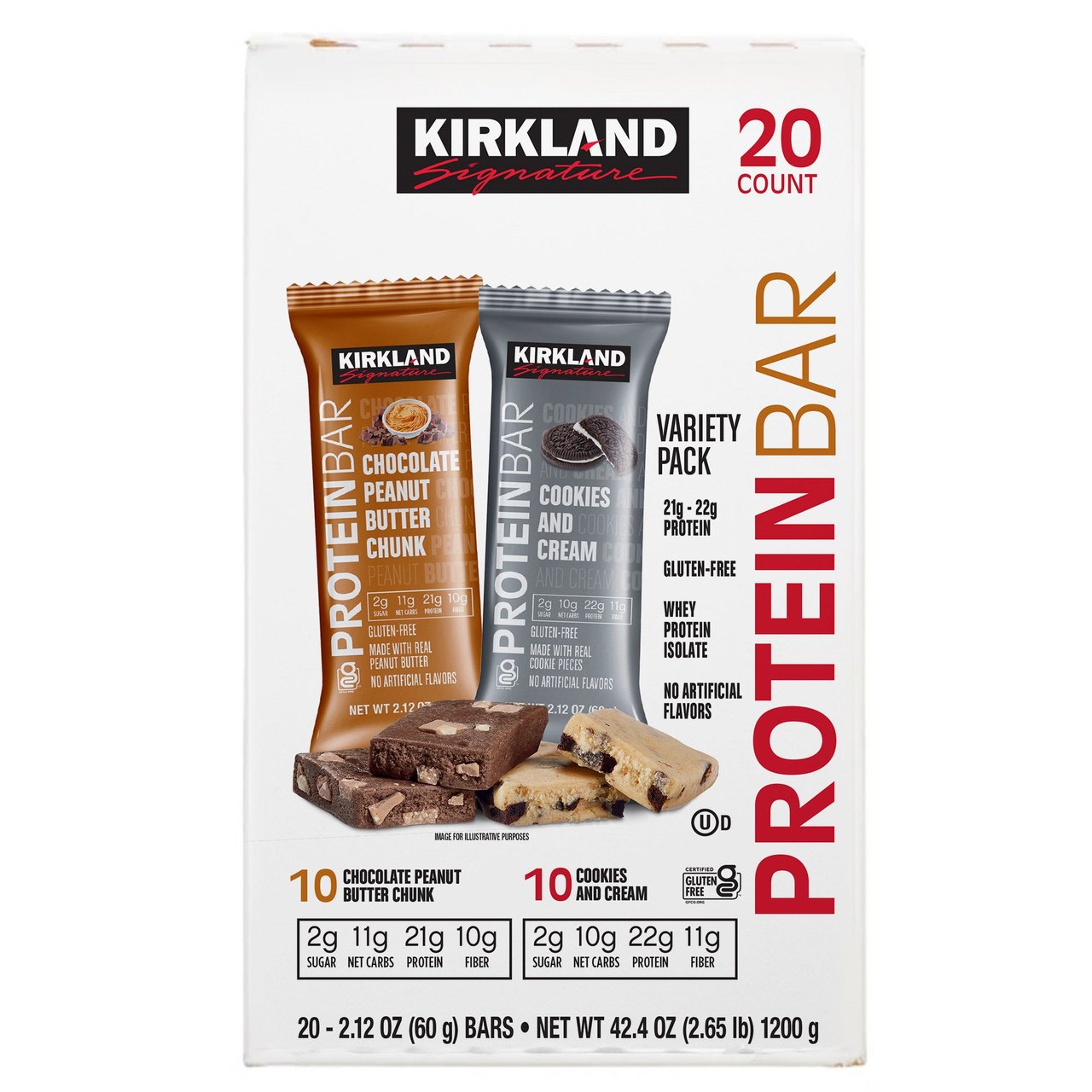 Kirkland Signature Protein Bar Variety Pack, Peanut Butter/Cookies & Cream, 20 Count, 2.12 oz - Image 1
