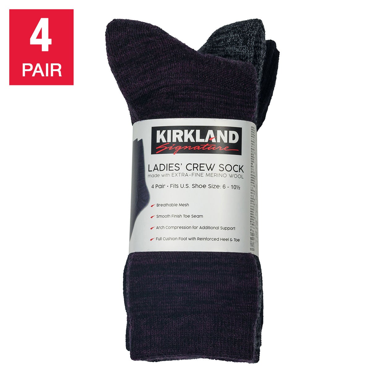 Kirkland Signature Women's Wool Blend Crew Sock 4 Pair - Image 1