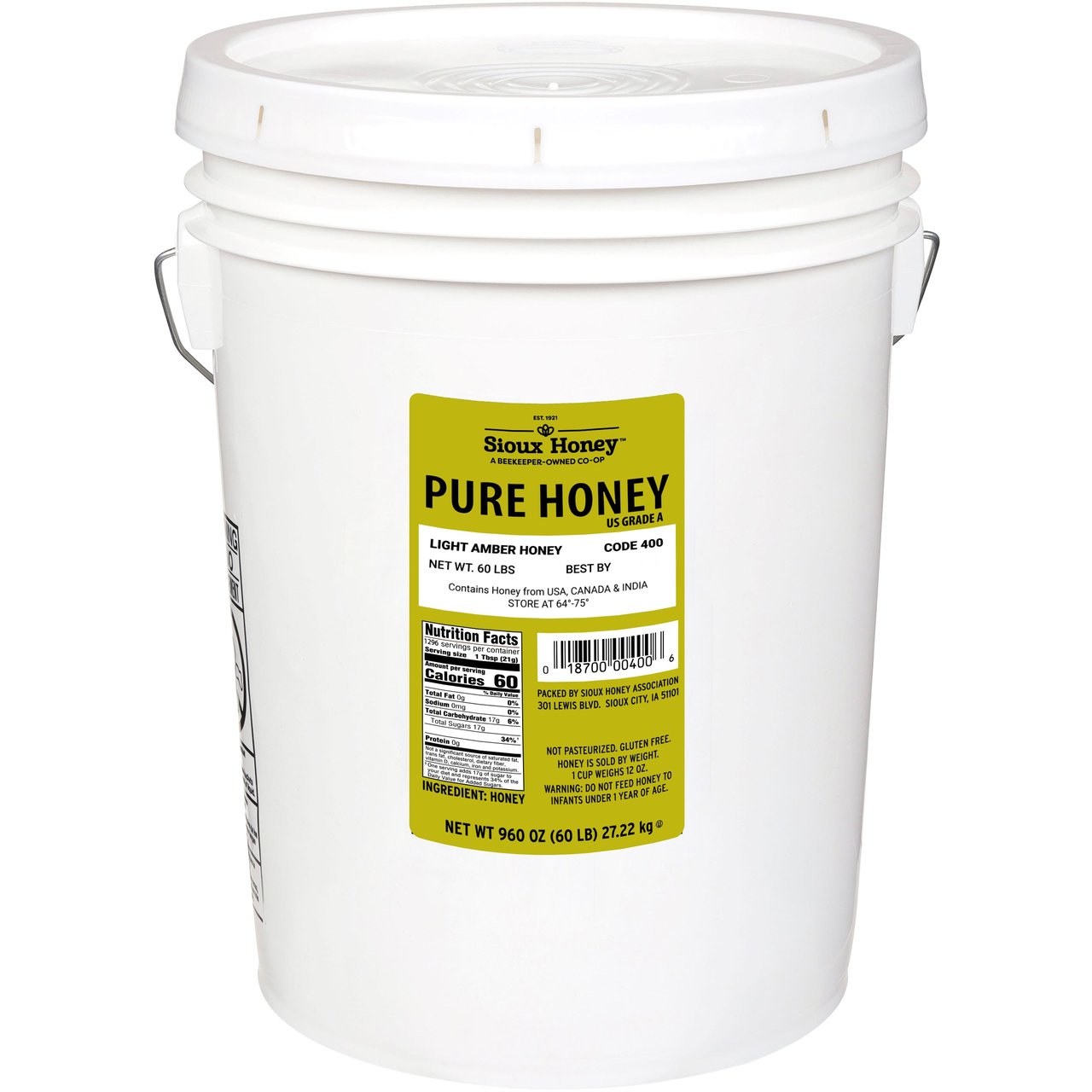 Sioux Pure Honey, Light Amber, 60 lb Bucket