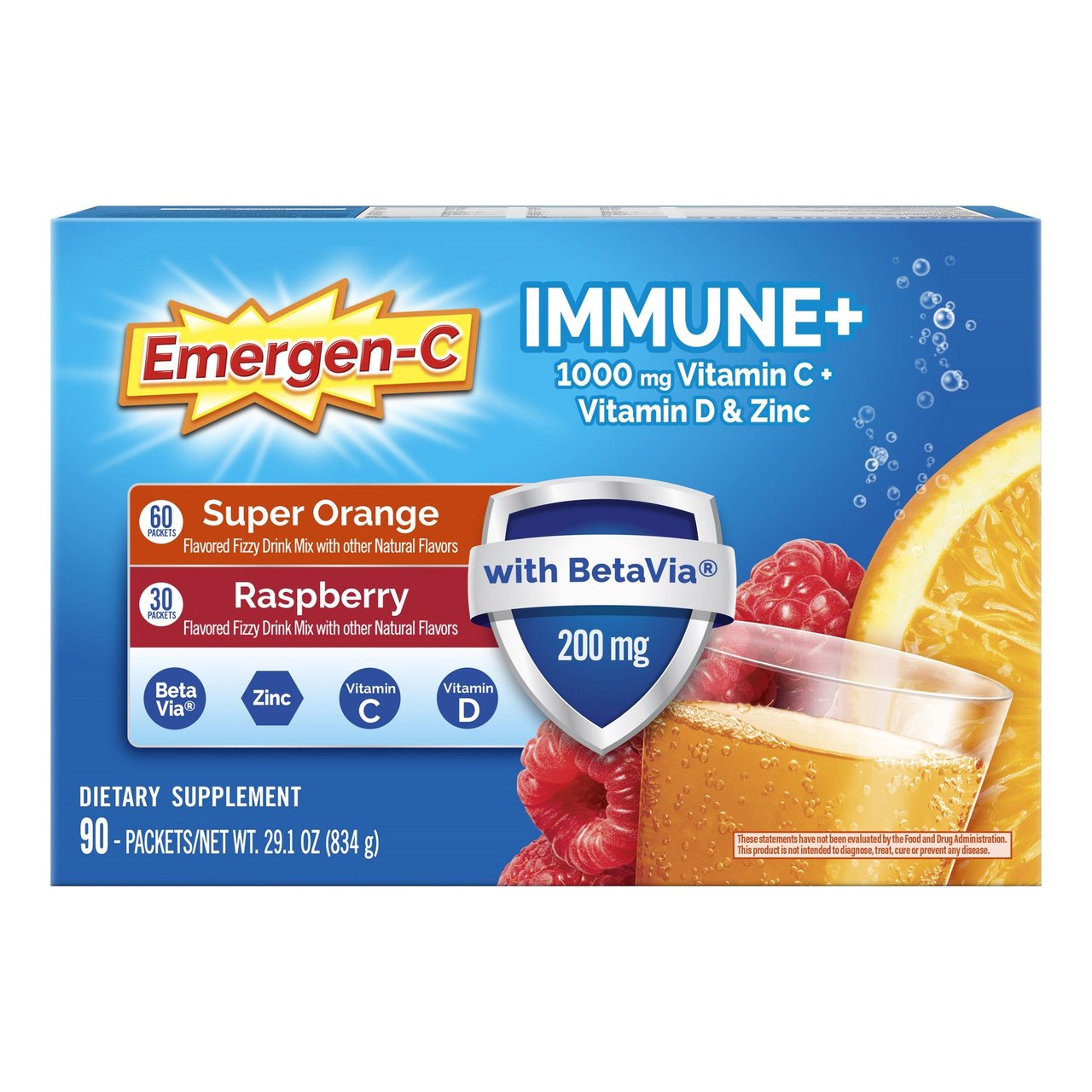 Emergen-C Immune+ 90 Count Orange 60 Raspberry 30 - Image 1