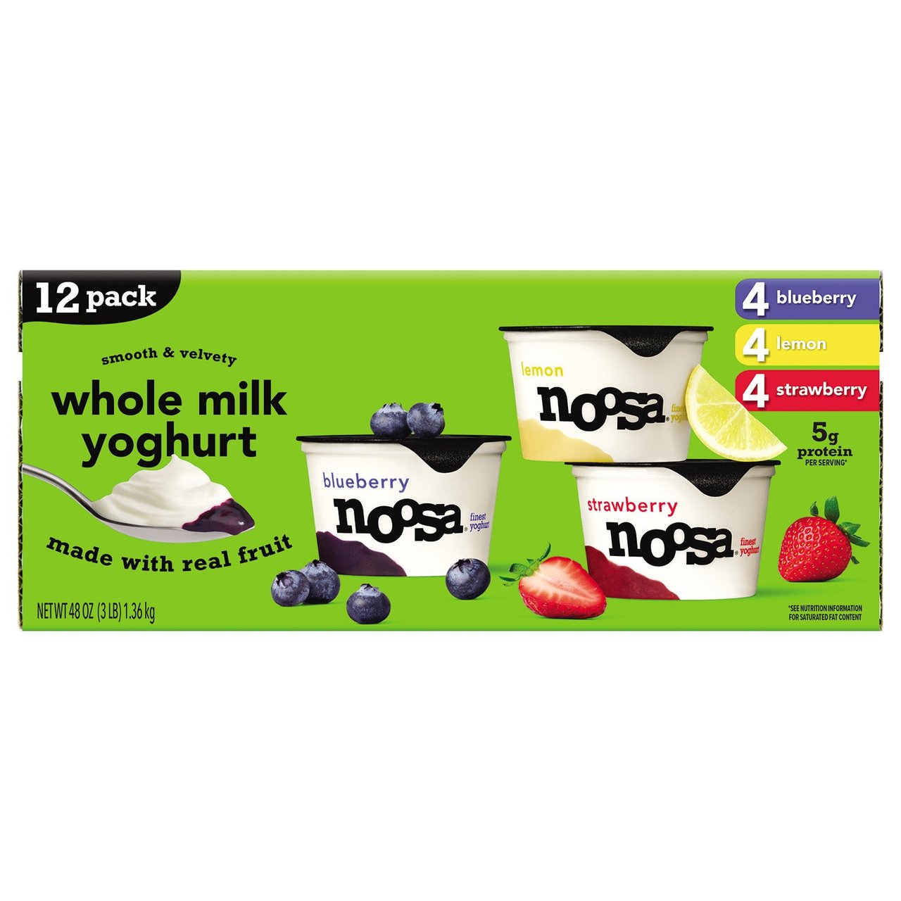 Noosa Yogurt Variety Pack - Blueberry, Strawberry Rhubarb, and Lemon 12 Pack, 4 oz Each (3 lbs) - Image 1