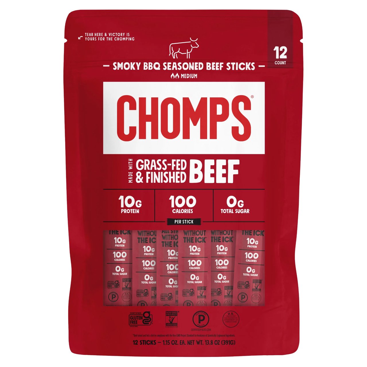 Chomps Grass-Fed Smoky BBQ Beef Sticks, 12-Count, 1.15 oz Each - Image 1