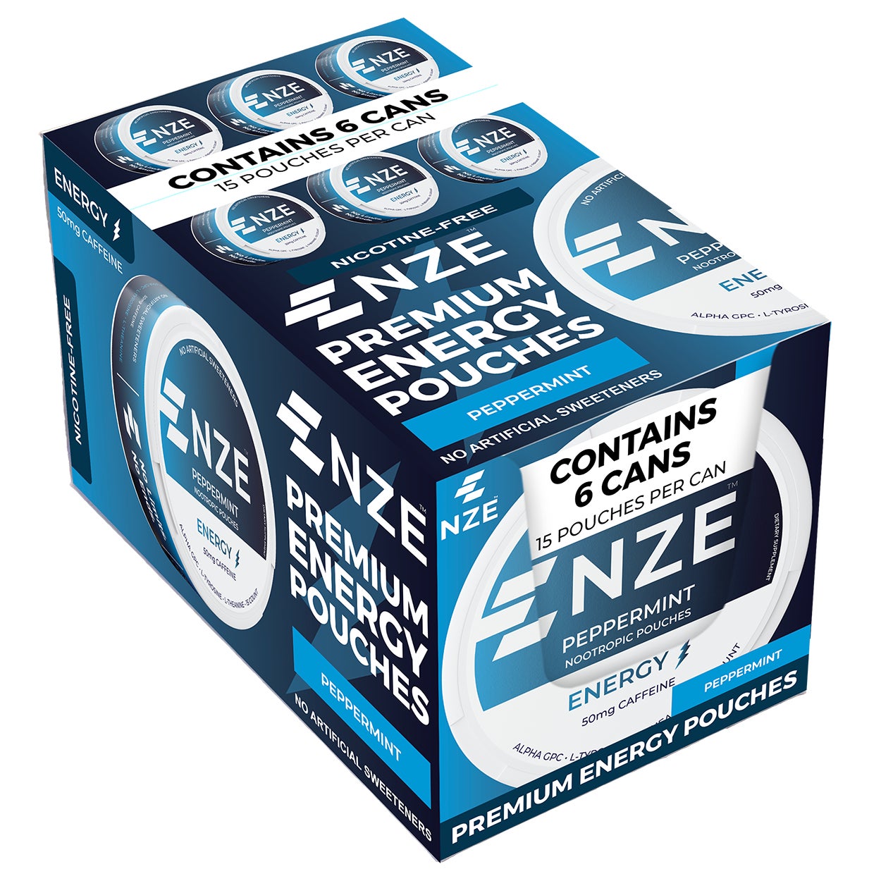 NZE Peppermint Energy Pouches, 6-Pack, 15 Pouches per Can - Image 1