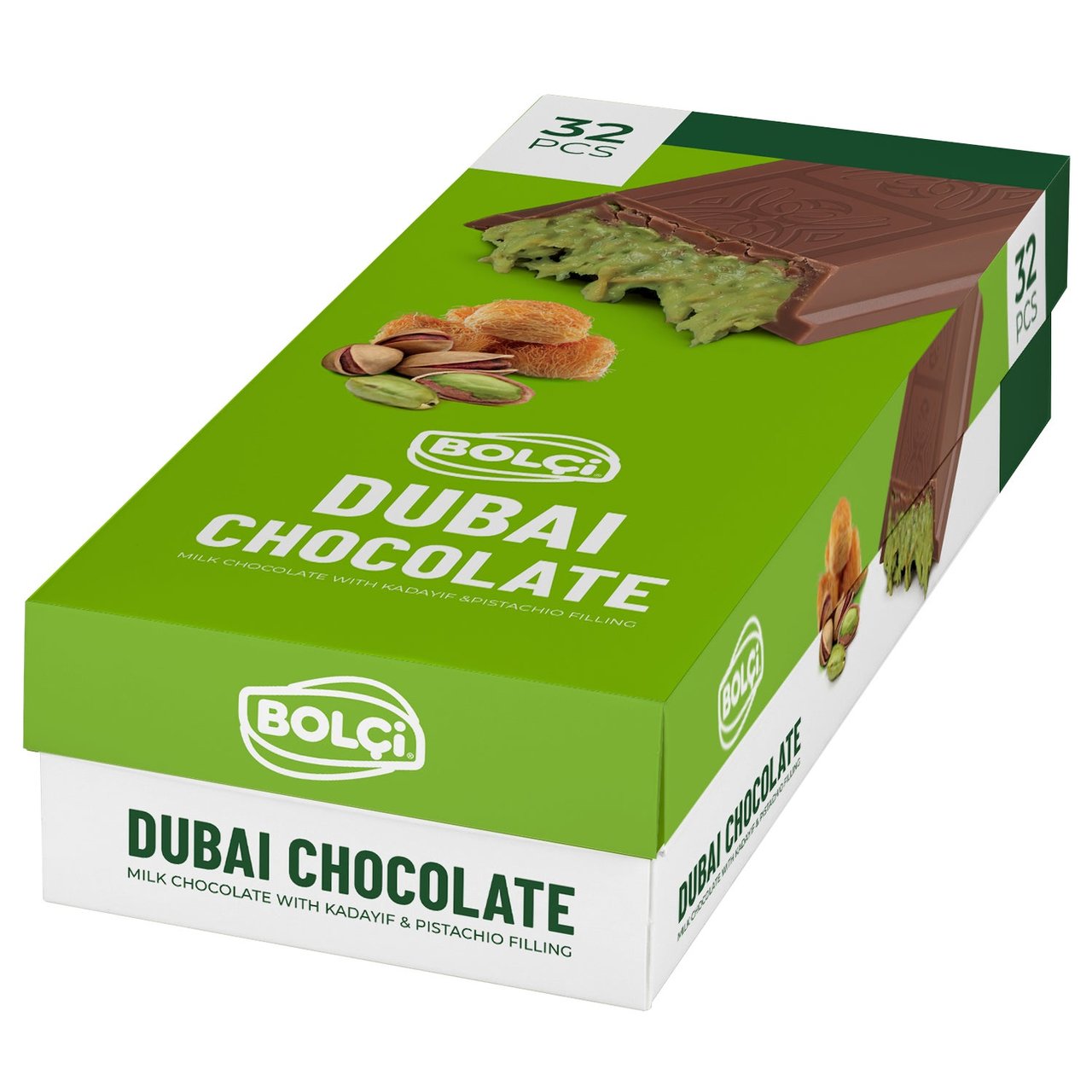 Bolci Dubai Chocolate with Pistachio & Kadayif Filling, 32-Count / 1.05 oz Bars - Image 1