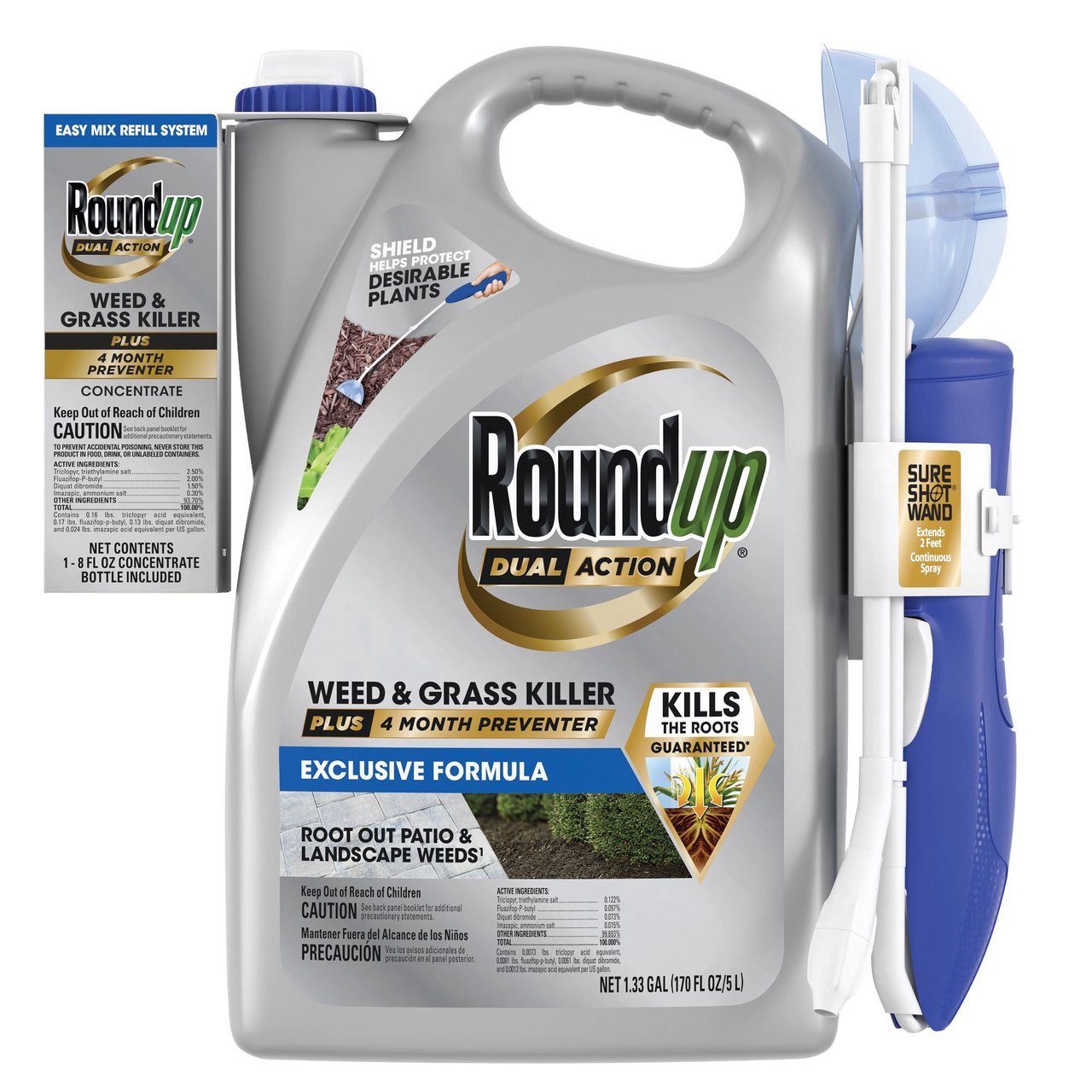 Roundup Dual Action Weed & Grass Killer Plus 4 Month Preventer with Easy Mix Refill, 1.33 Gallon - Image 1