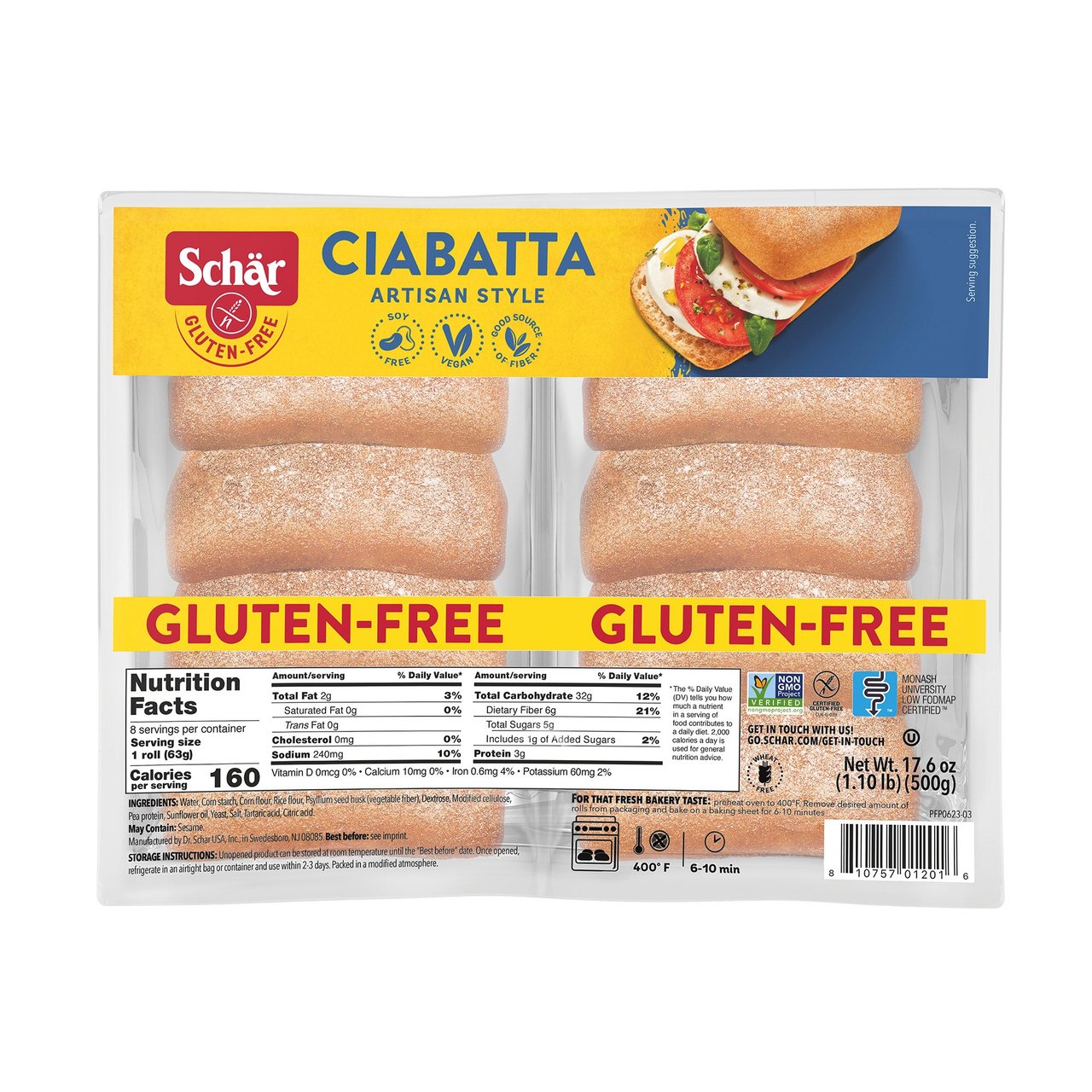Dr. Schär Gluten-Free Artisan Style Ciabatta Rolls, 2 × 8.8 oz
