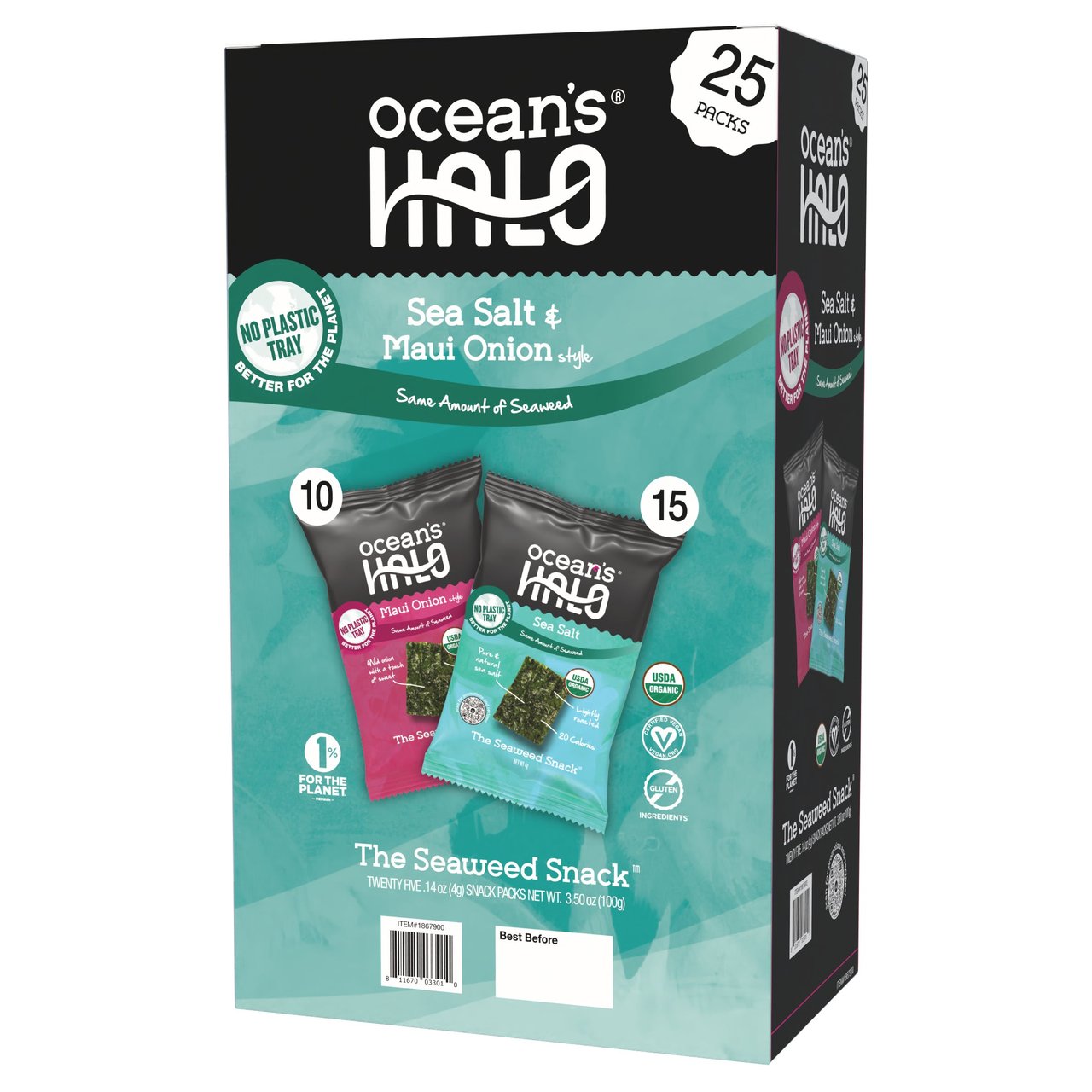Ocean's Halo Organic Seaweed Snack Variety Pack, 25 Count, 0.14 oz, Maui Onion & Sea Salt - Image 1