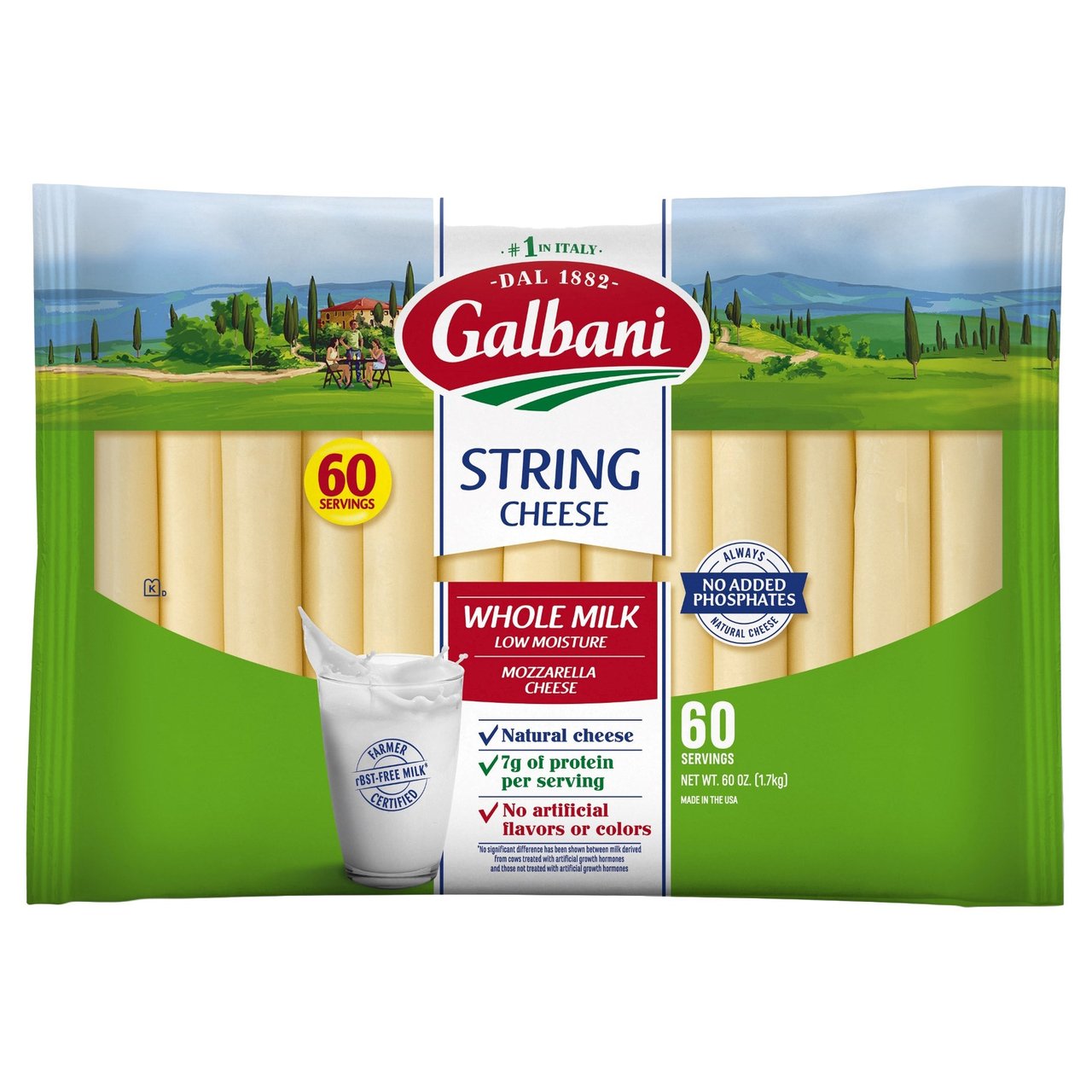 Galbani Whole Milk Mozzarella String Cheese, 60 Count, 1 Ounce Each - Image 1