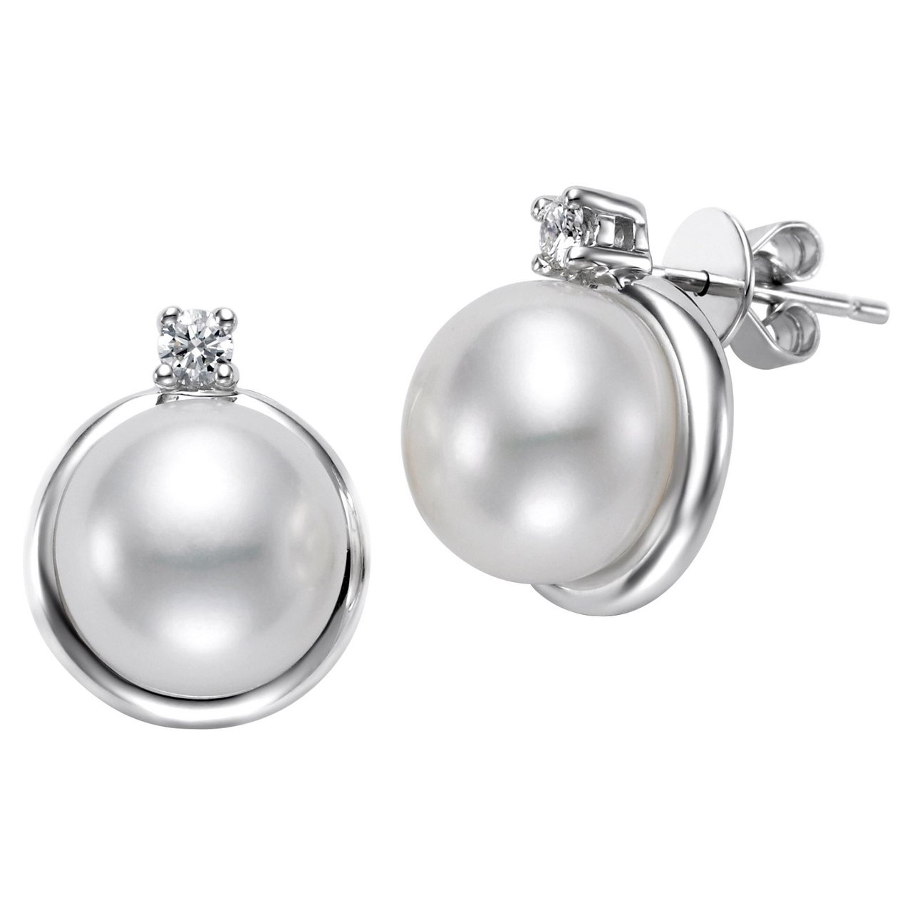 14K White Gold .12 CTW Diamond 9-10mm Freshwater Cultured Pearl Earrings - Image 1