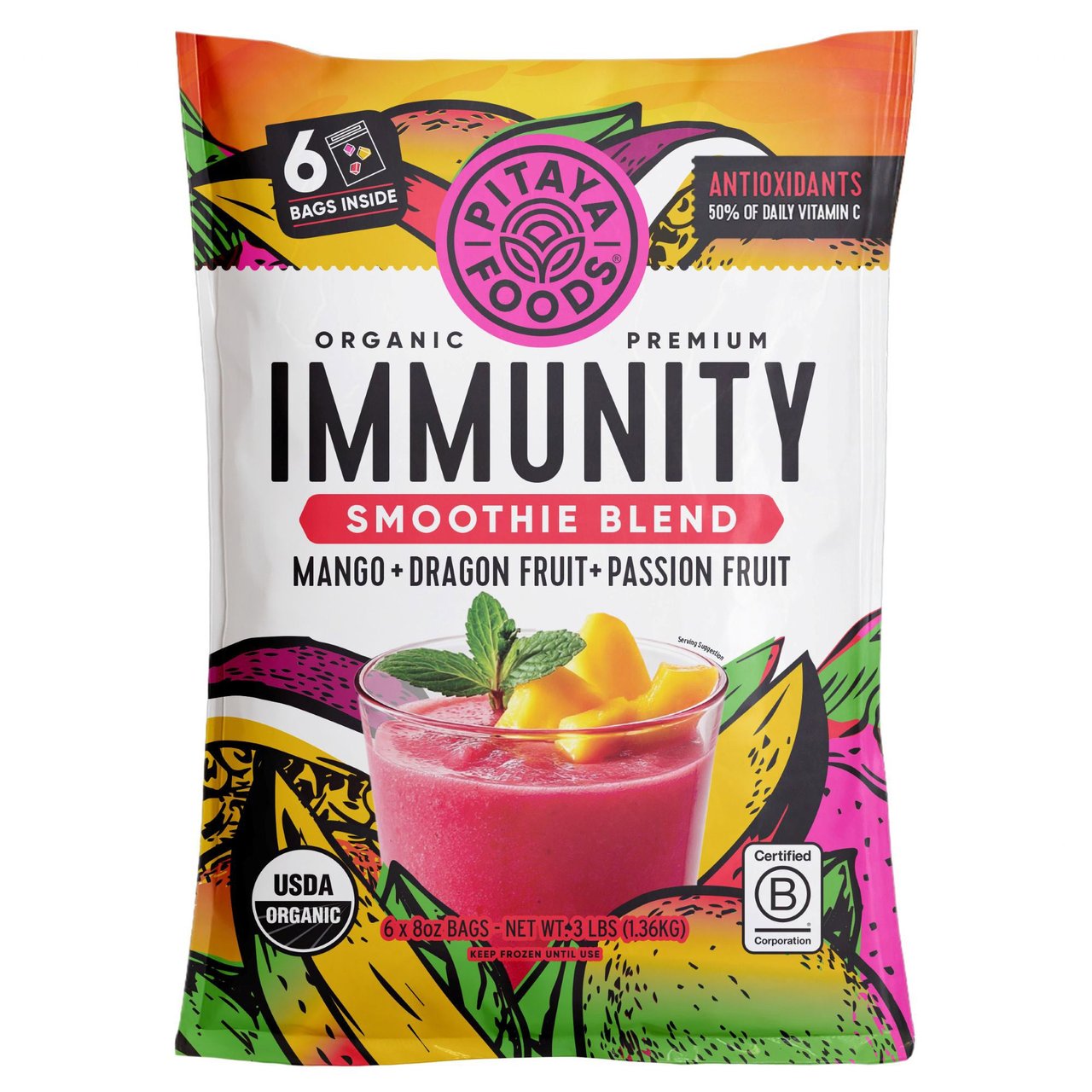 Pitaya Foods Organic Dragon Fruit, Mango & Passion Fruit 6/8 OZ - Image 1