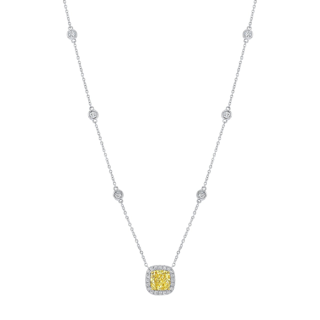 1.50 ct Cushion Cut Fancy Yellow VS2 Diamond Pendant, 1.98 ctw, 18kt White Gold with 18" Chain - Image 1