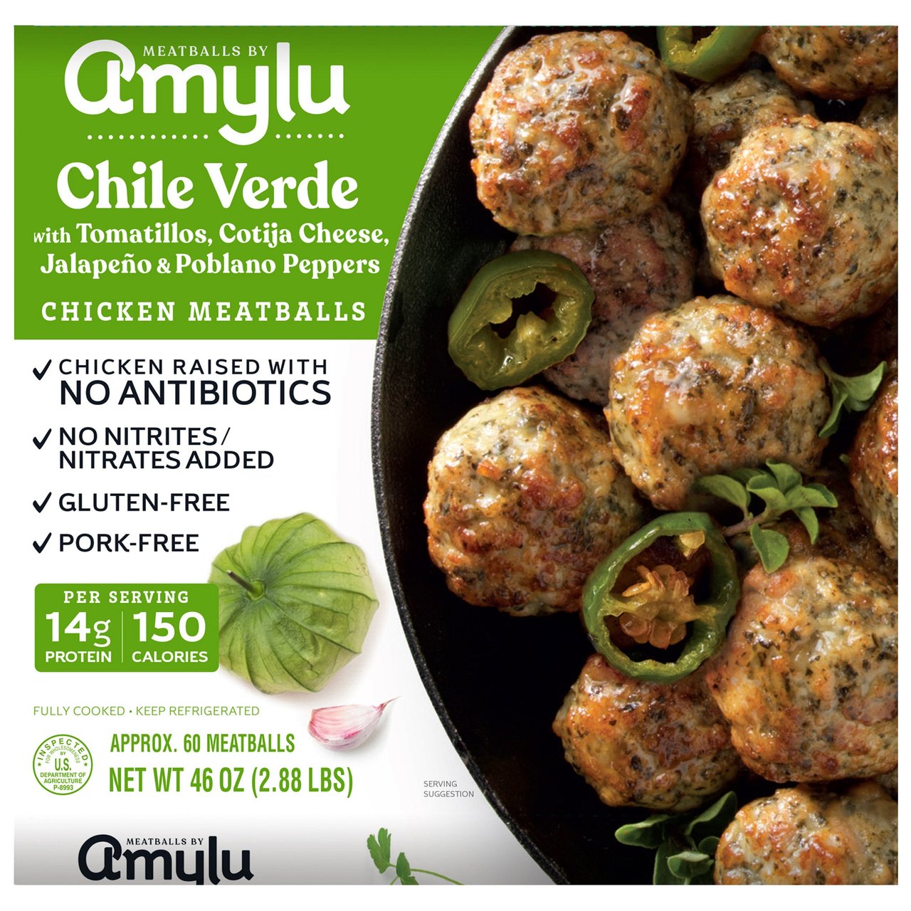 Amylu Chile Verde Chicken Meatballs, 46 oz - Image 1