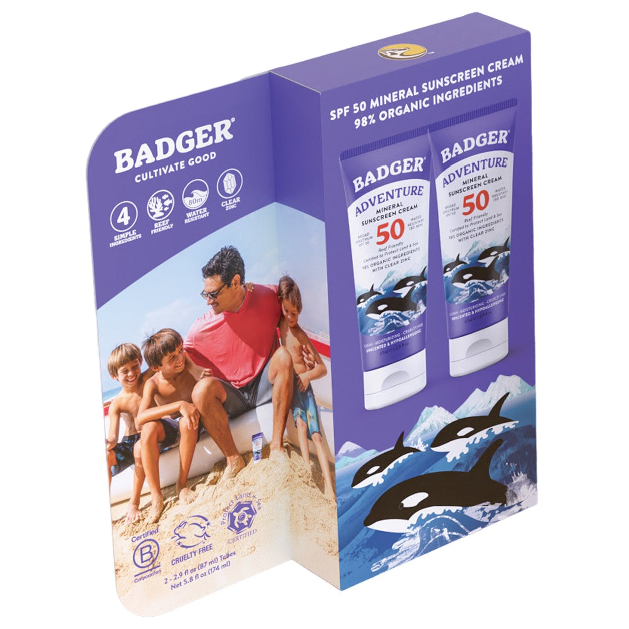 Badger SPF 50 Adventure Mineral Sunscreen Cream, 2-Pack, 2 x 2.9 fl oz - Image 1