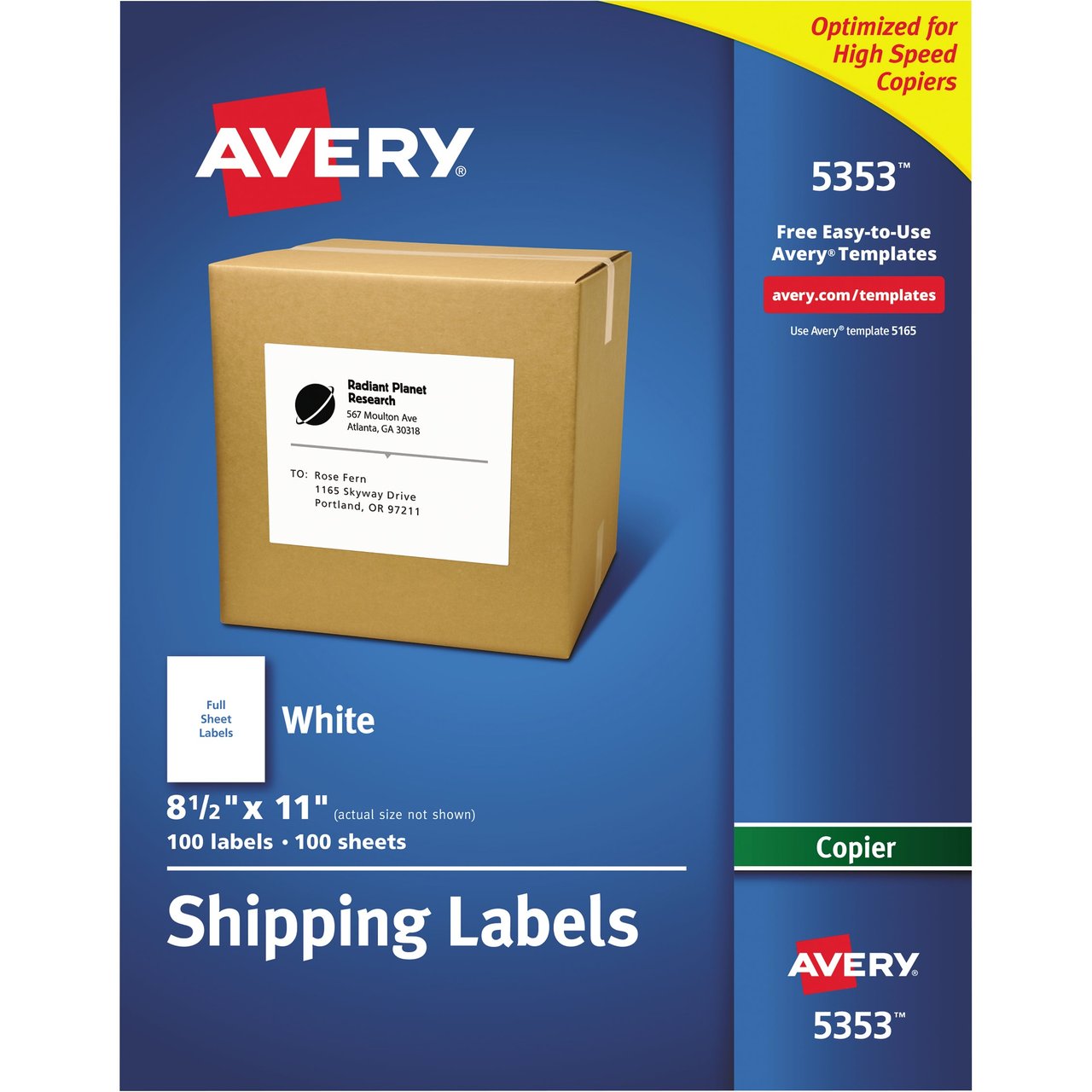 Avery Copier Shipping Labels, 8.5" x 11", White, 100 Count - Image 1
