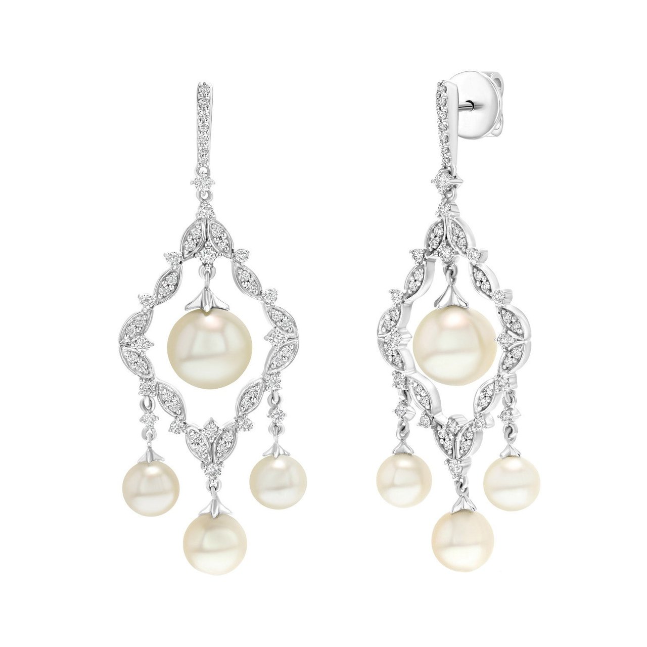 14kt White Gold 0.65 ctw Freshwater Pearl Chandelier Earrings, 5-8.5mm - Image 1