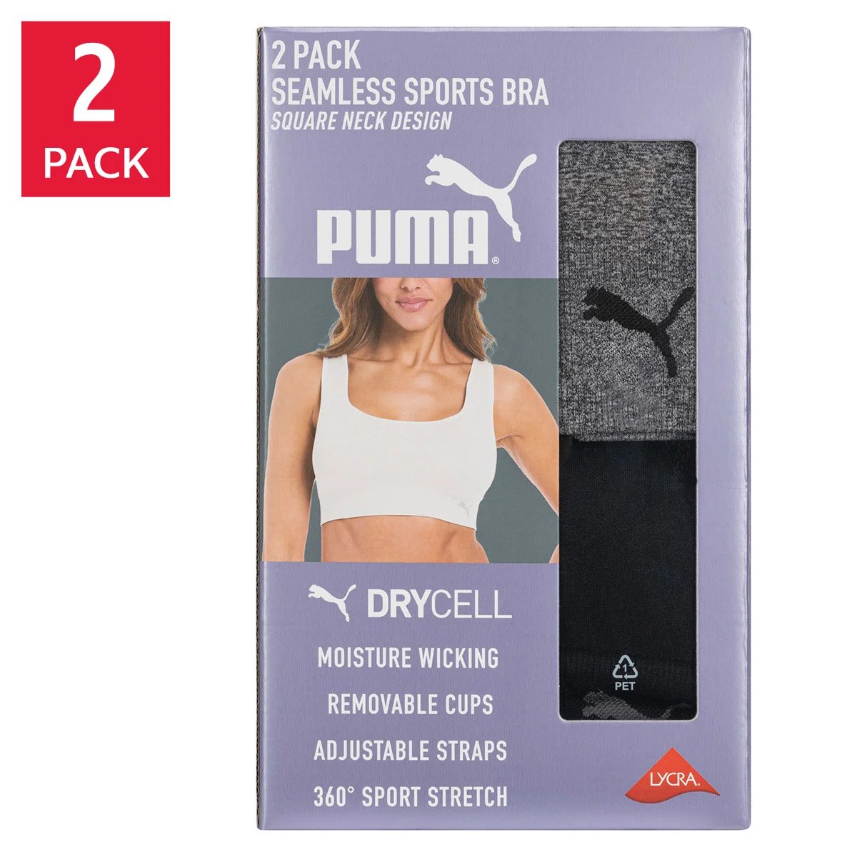 Puma Women's Seamless Square Neck Sports Bra, 2-Pack - Image 1
