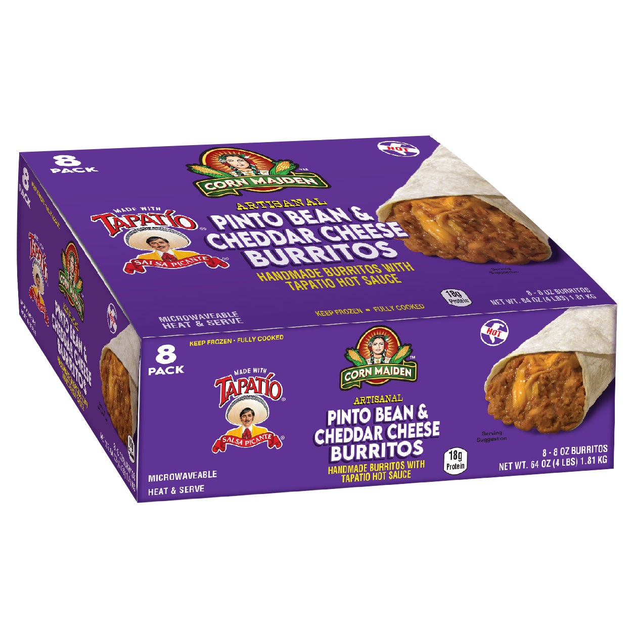 Corn Maiden Tapatio Pinto Bean & Cheddar Cheese Burritos 8/8 oz - Image 1