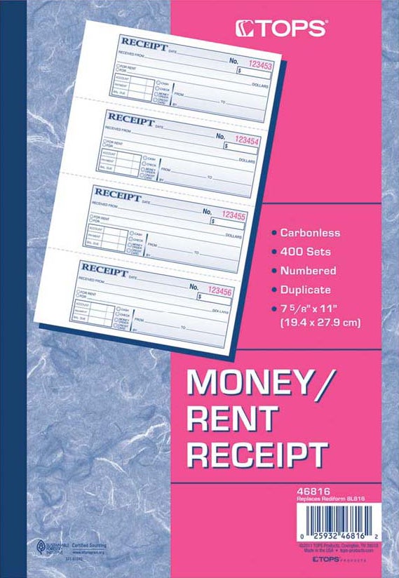 TOPS Money Receipt Book, 2-Part Carbonless, 4 per Page, 400 Sets