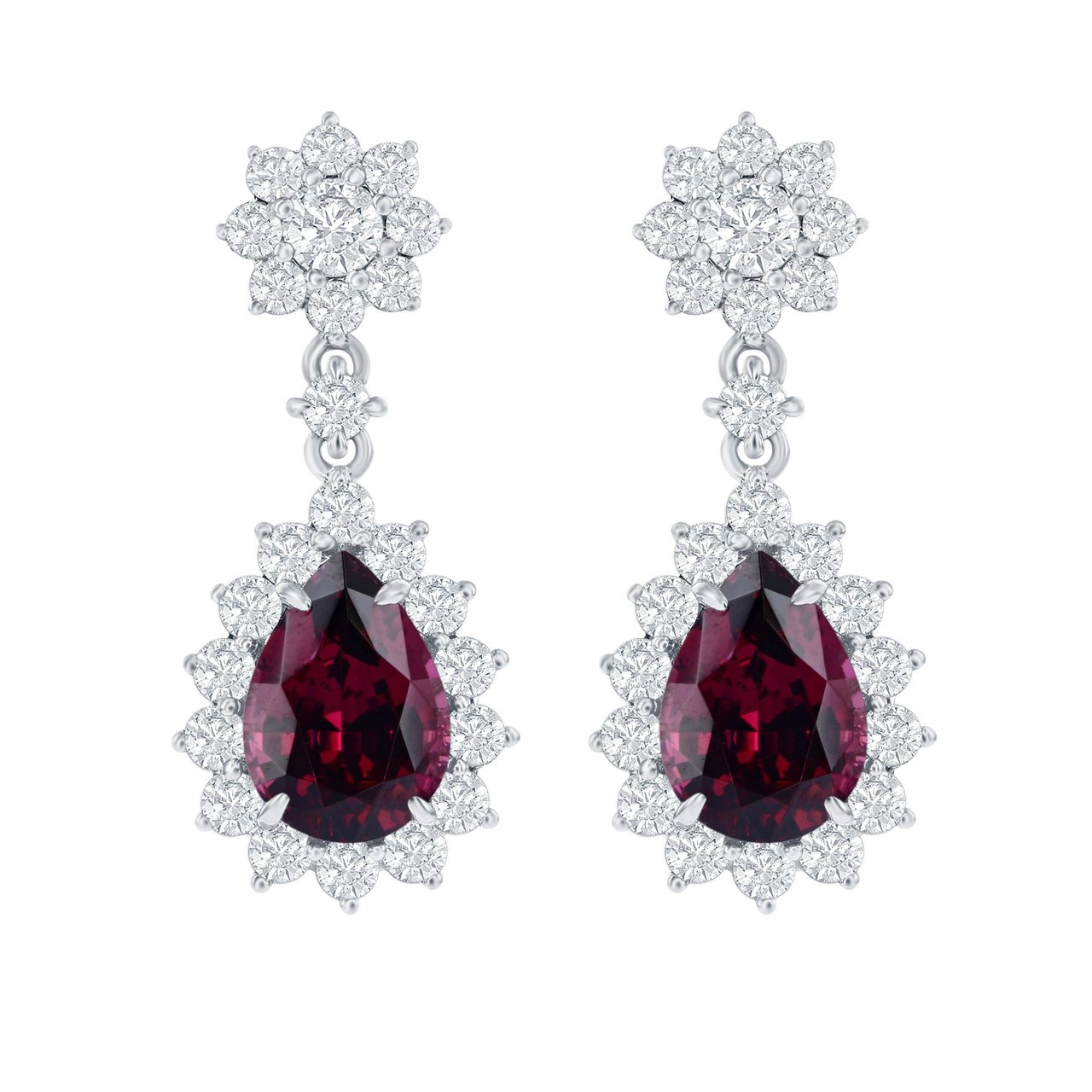 4.23 ctw Pear Shape Rhodolite Garnet & Diamond VVS2/VS1 G/H 18kt White Gold Earrings - Image 1