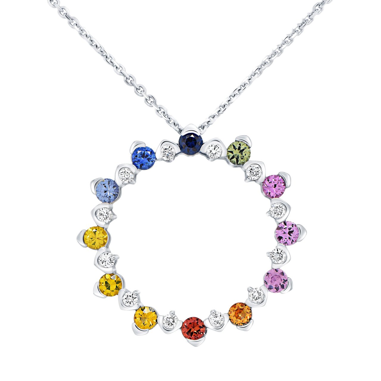 14KT White Gold .37CTW Diamond & Multicolor Sapphire Necklace - Image 1