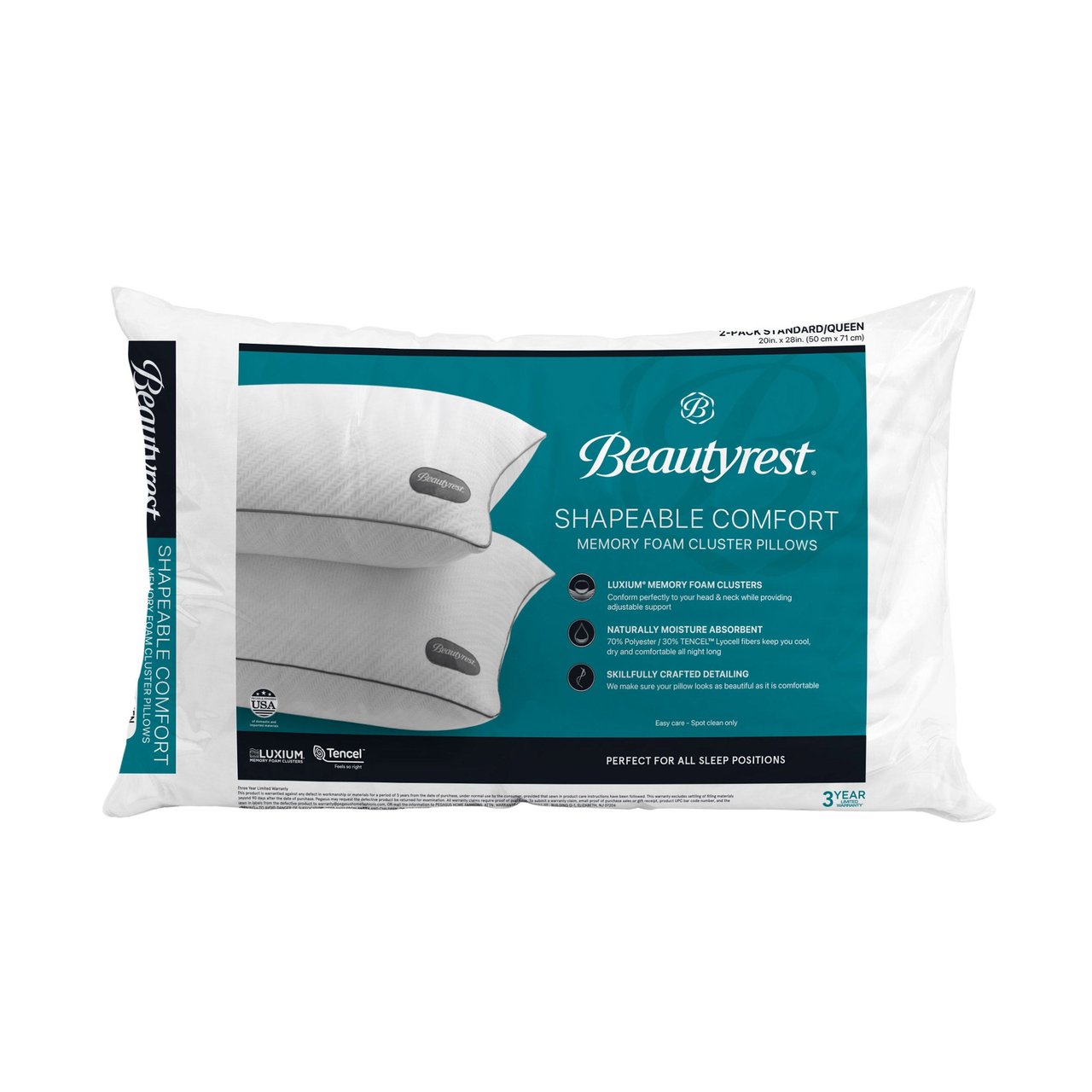 Beautyrest Memory Foam Cluster Jumbo Pillow, 2-Pack