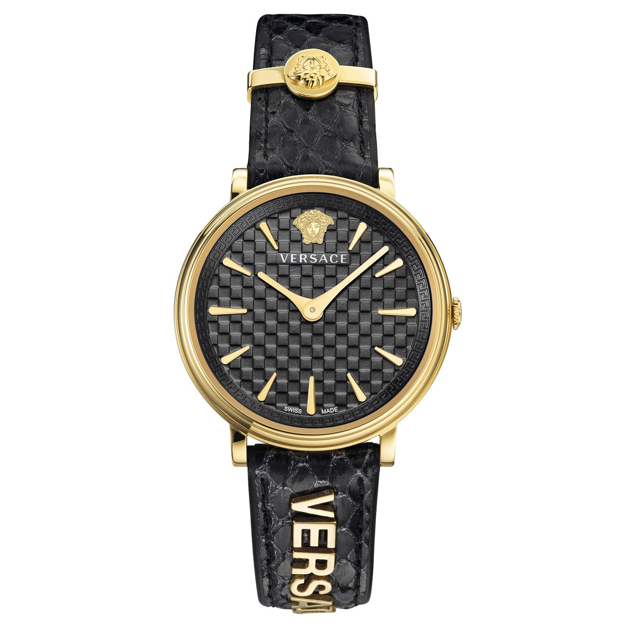 Versace V-Circle Black Leather Strap Quartz Women's Watch - Image 1