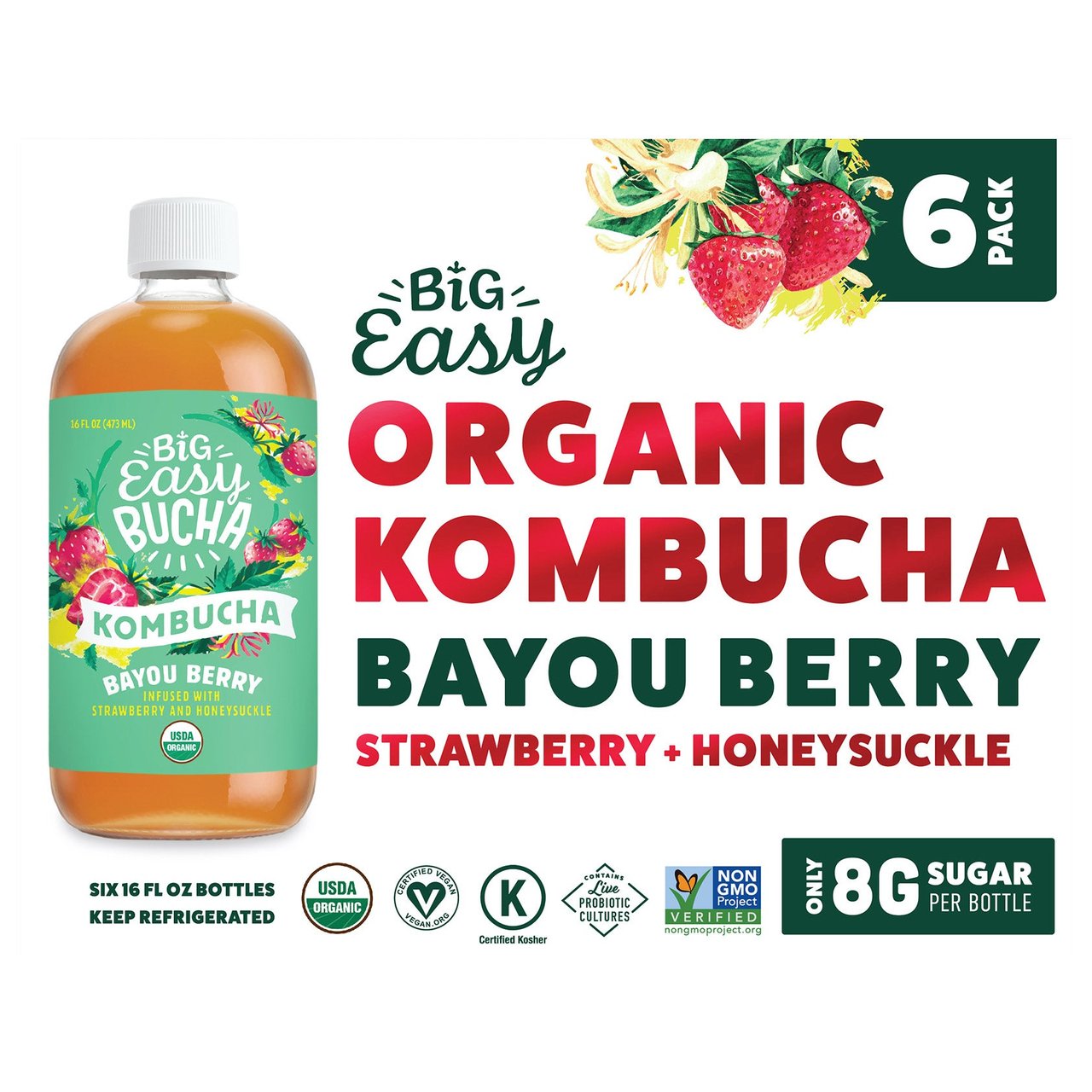 Big Easy Organic Kombucha Bayou Berry, 6 Pack of 16 oz Bottles - Image 1