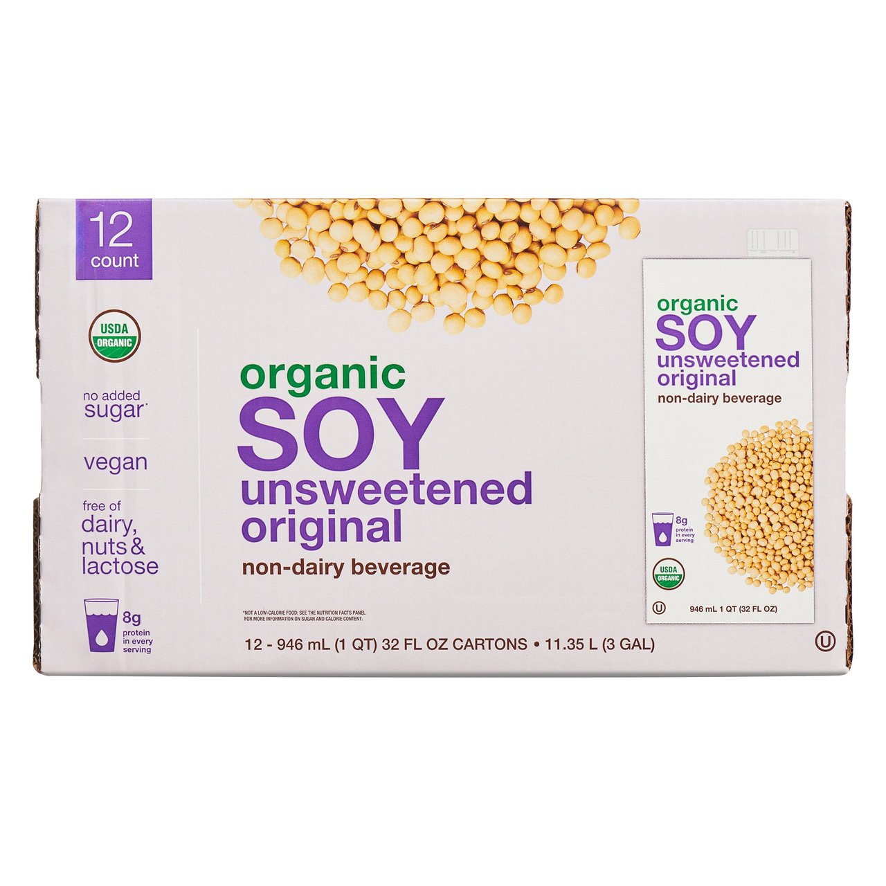Kirkland Signature Organic Soy Beverage, Unsweetened Plain, 32 fl oz, 12-Pack - Image 1
