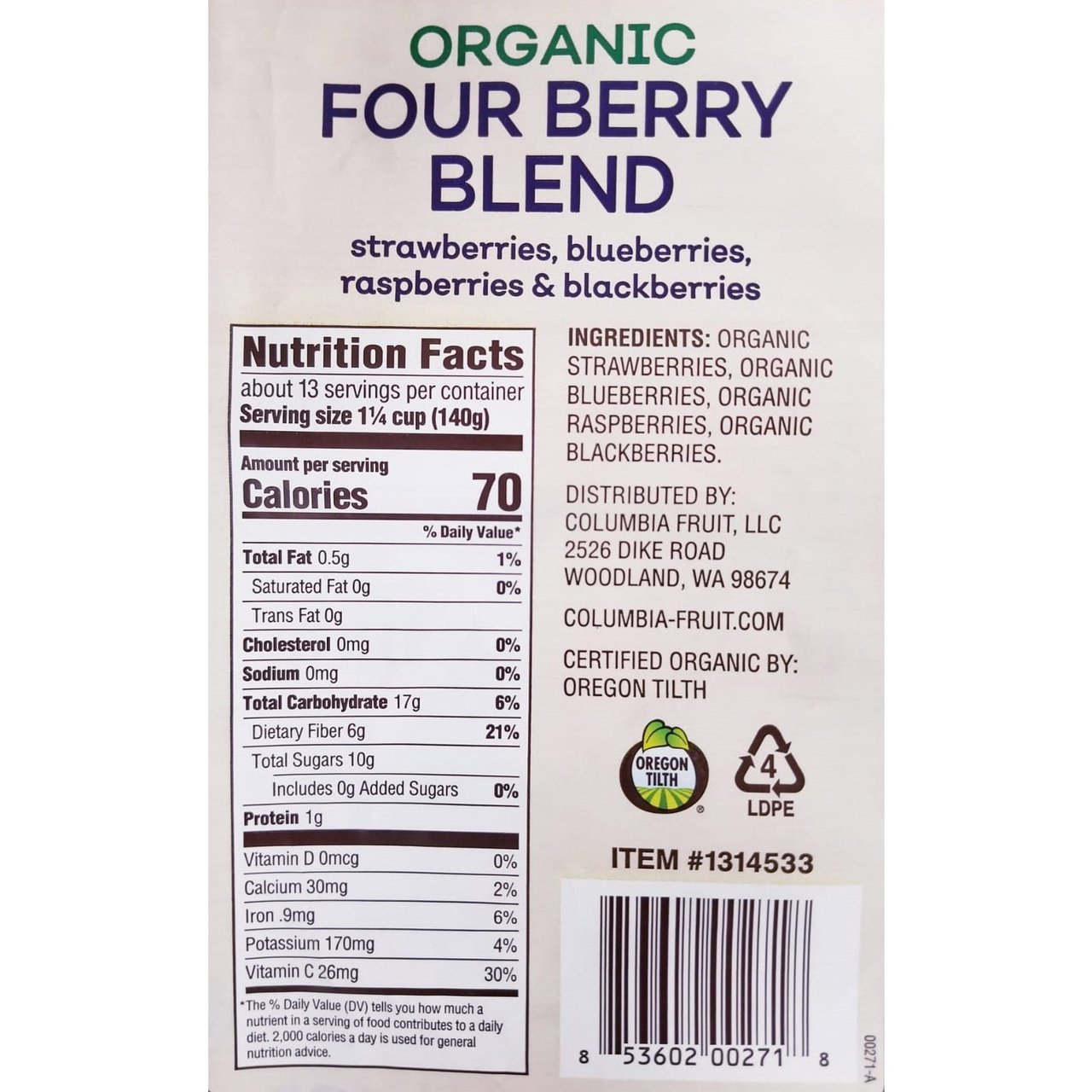 Columbia Fruit Organic Four Berry Blend, 4 Pound Bag - Image 1